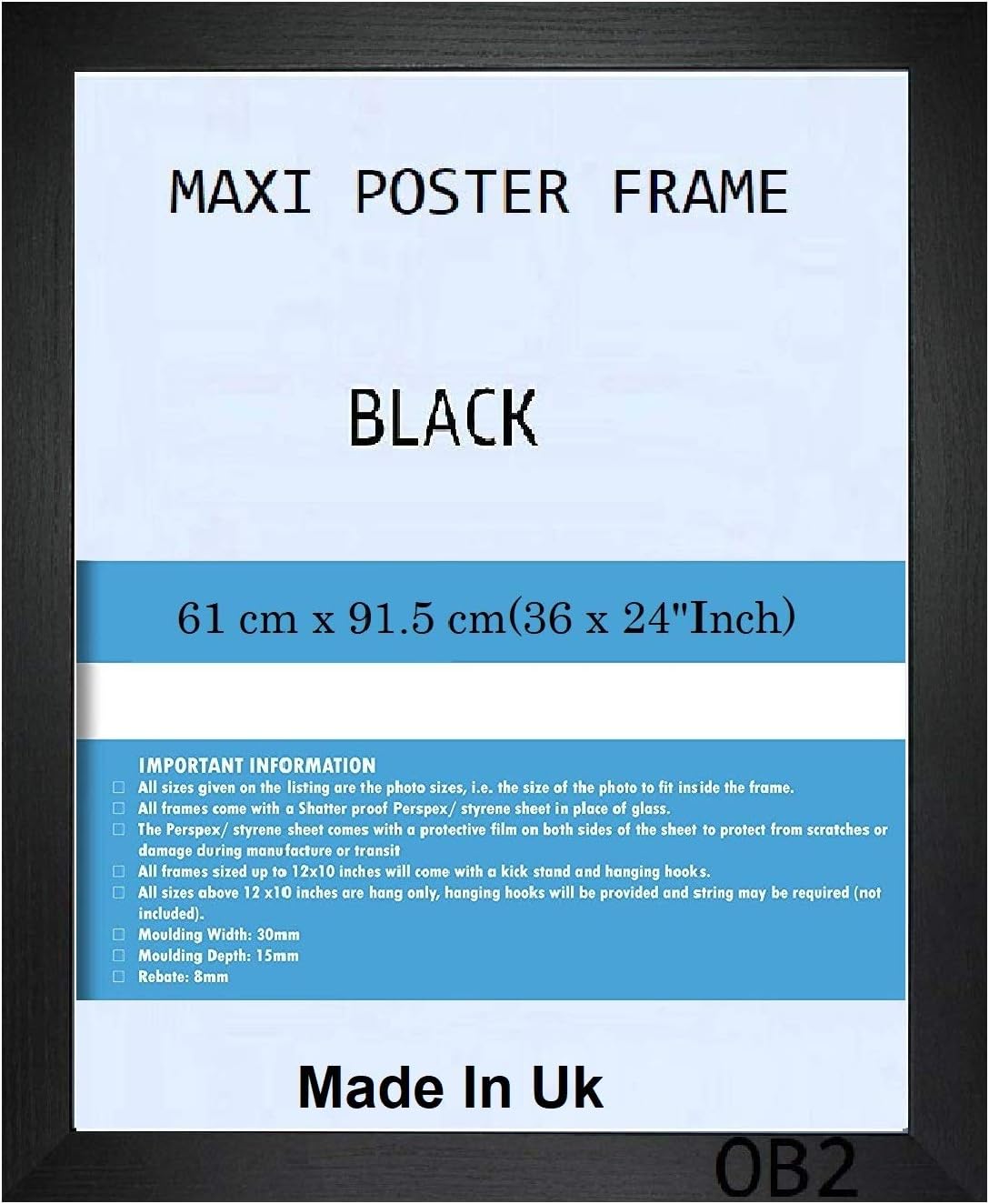 MODERN BLACK WOODEN MAXI POSTER FRAME (Black, 61 cm x 91.5 cm (36 x 24))
