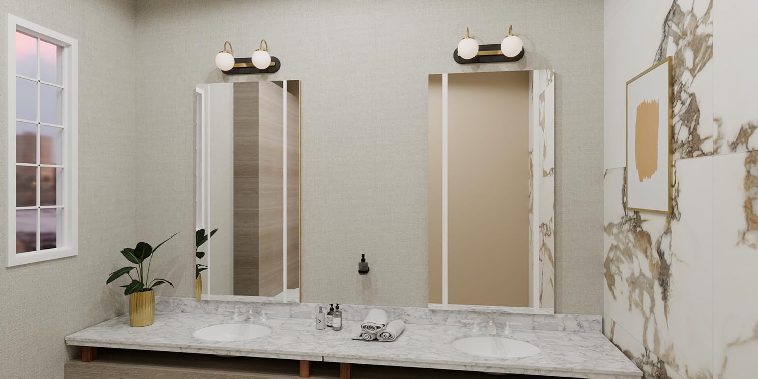 Quoizel Desmond Modern Vanity Light, 18 Inch 2-Light Matte Black Bathroom Lighting Fixtures Over Mirror, Opal Etched Glass Globes with Gold Accents, Wall Mount Light for Bathroom, Dresser or Sink