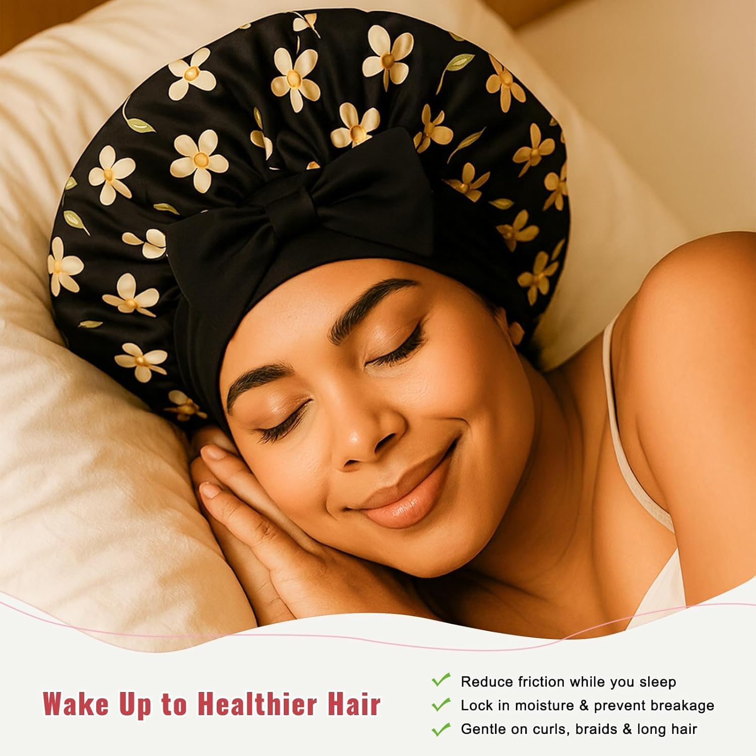 Silk Satin Hair Bonnet with Strap for Sleeping, Double-Layer Sleep Cap for Women, Soft Lining Wrap for Curly Hair - Image 3
