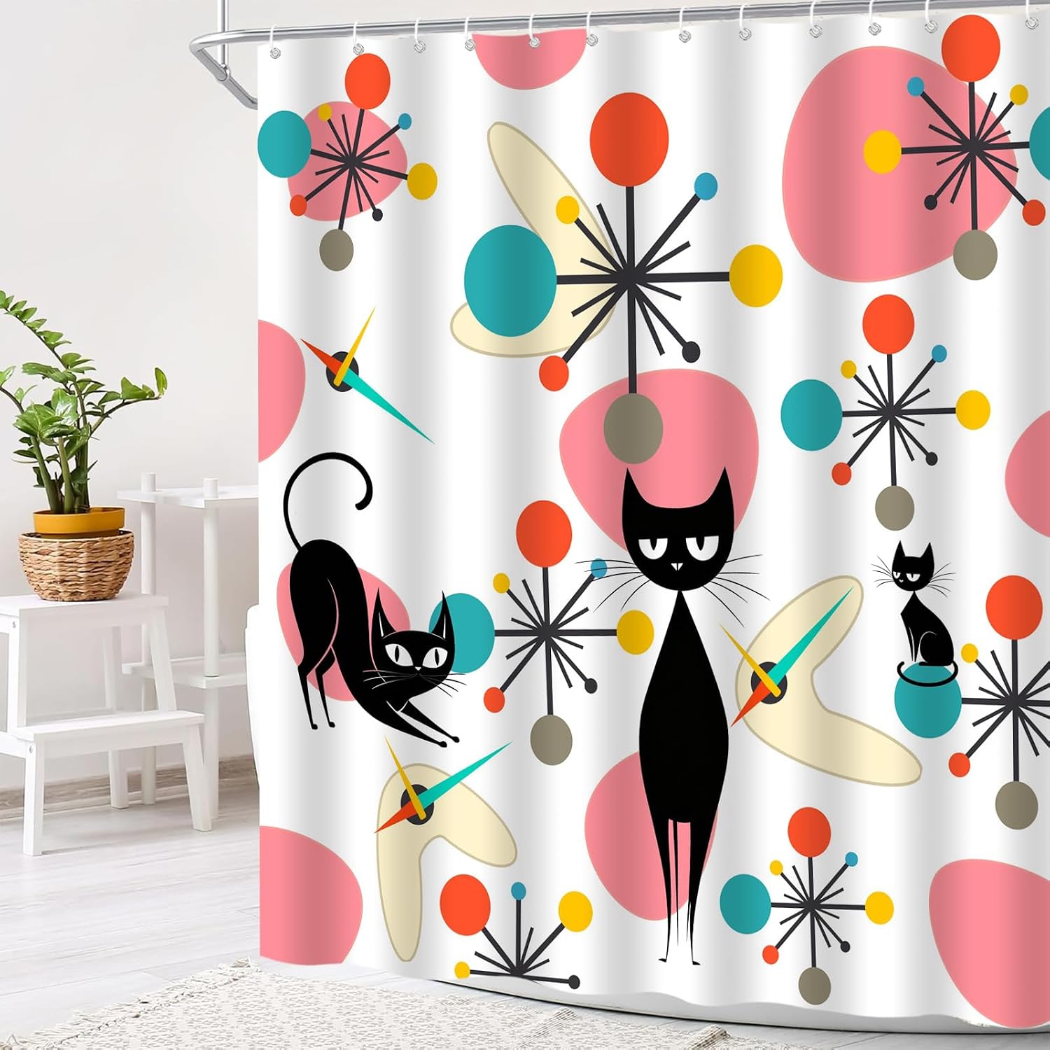 Mid Century Black Cat Shower Curtain Modern Atomic Abstract Geometric Iconic Pattern Retro Black Kitty Animal 1950s 1960s Vintage Funny Teal Fabric Bathroom Curtain Set with Hook