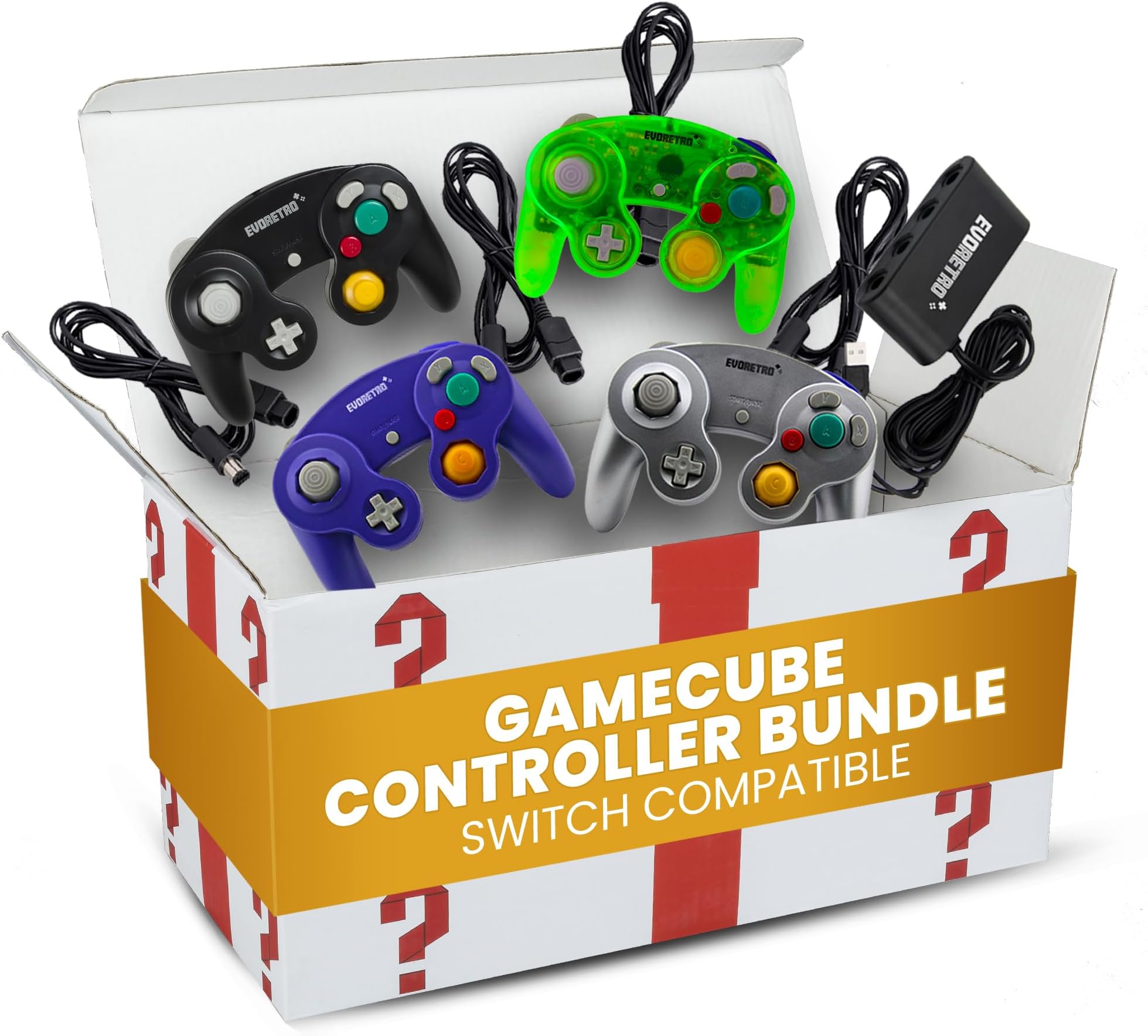Gamecube Controllers compatible for Switch, wii Console and PC Games - 4 Pack with 4 Extension Cords and Port Adapter compatible with Super Mario Bros, Switch Sports, Fortnite, Minecraft, Pokemon