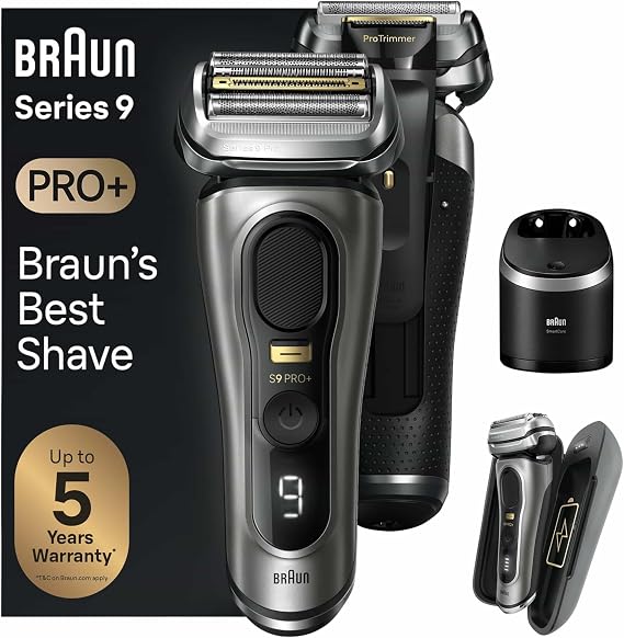 Braun Series 9 Pro+ Electric Shaver with 5 Pro Shaving Elements, Men's Electric Shaver, Long Hair Trimmer, Cleaning Station, Charging Case, PowerCase, Made in Germany, 9575cc, Grey