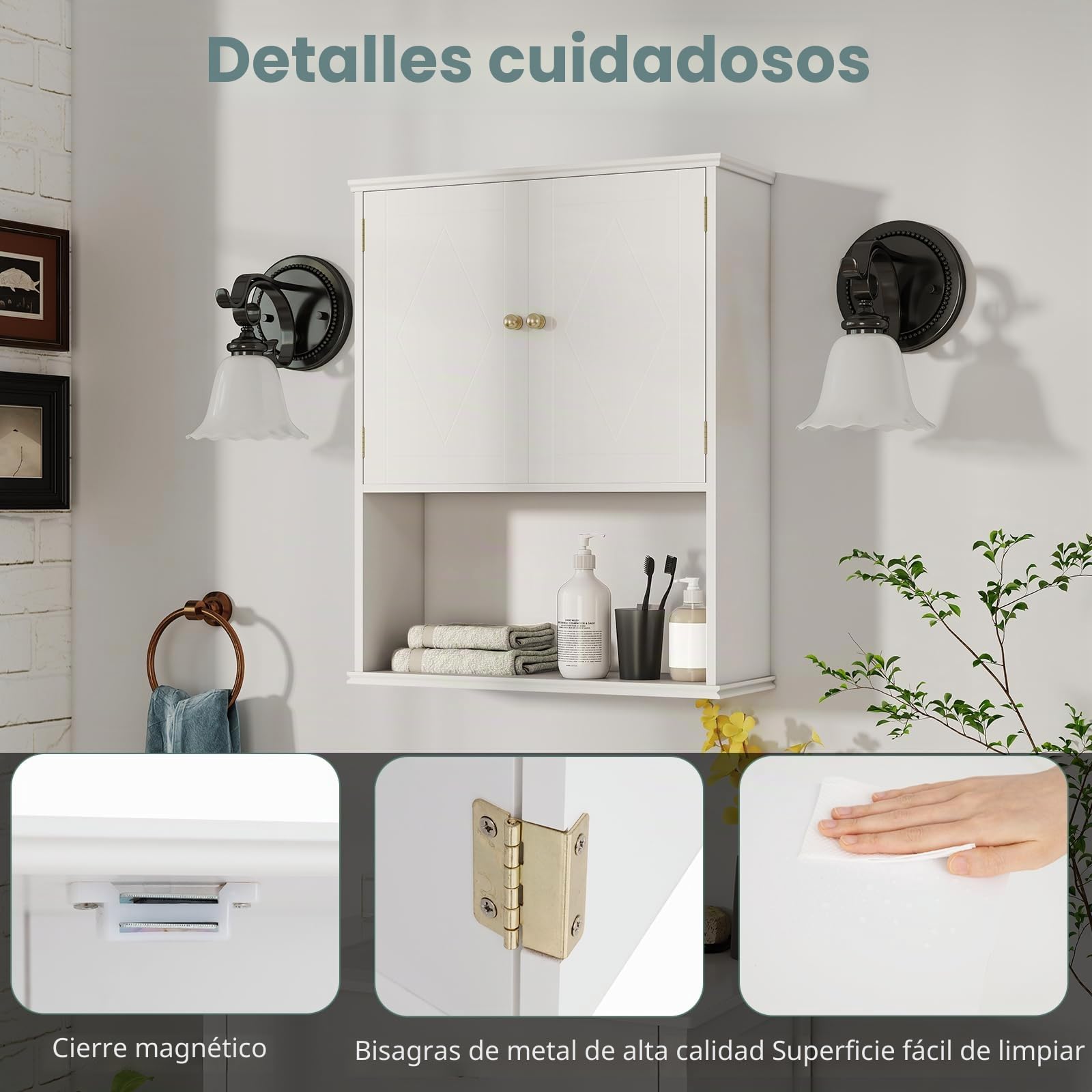 LIFEZEAL Mueble de baño para ahorrar espacio, de pared, blanco, armario suspendido, armario con estante ajustable, compartimento abierto, mueble moderno, para cocina, lavandería, de madera, 60 x 21 x