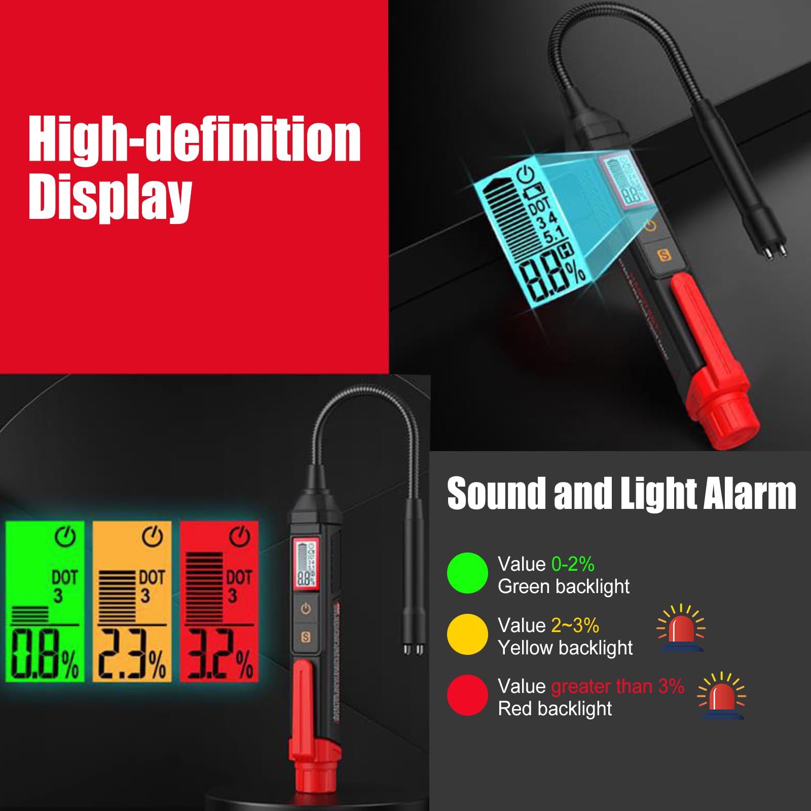 OBEST Tester Liquido Freni Adatto per Liquido Freni DOT3, DOT4, DOT5.1, Tester Olio Freni Auto Moto Universale con Display LCD, Allarme Sonoro e Luminoso, Sonda Flessibile