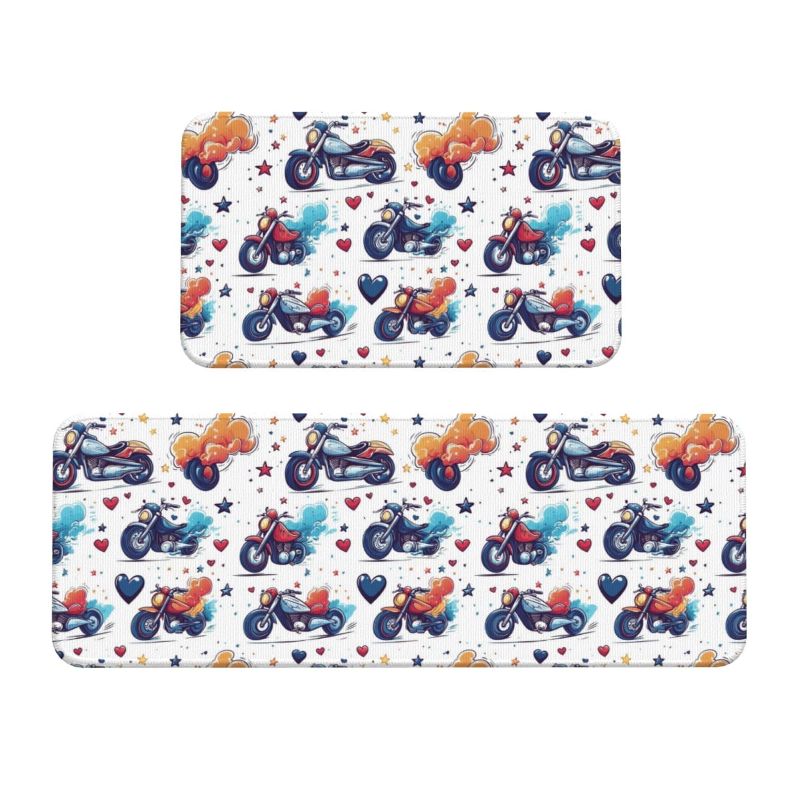 GVYGVY Antifatigue Kitchen Mats for Floor 2 Piece - Colorful Cartoon Motorcycle Print Kitchen Rugs Washable, Non Slip Runner Rug Standing Mat for Office/Bathroom/Laundry/Home Decor and Accessories