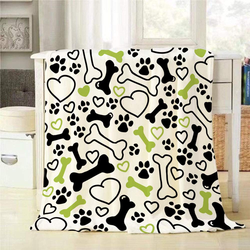 Mugod Dog Pattern Blanket Puppy Bones Hearts Paw Trace Footprint Green Black White Fuzzy Soft Warm Flannel Throw Blankets for Boys Girls Dog Cat Home Couch Outdoor Travel Use 40W x 50H Inch