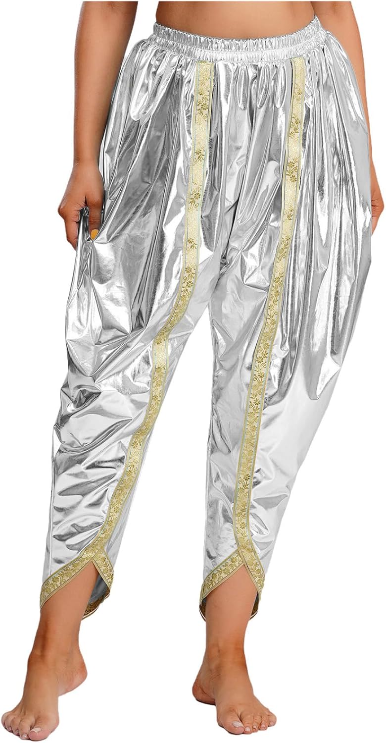 Dhoti Pants for Women Boho Hippie Trousers Shiny Metallic Loose Fit Belly Dance Costume