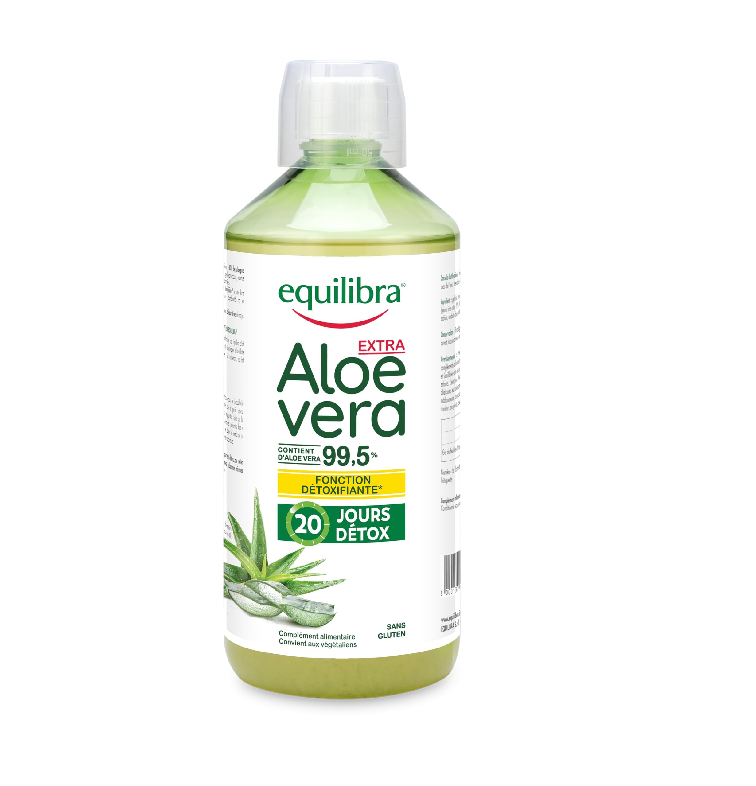 Equilibra Complments Alimentaires, Aloe Vera Extra 99,5%,  Consommer Pur(e)  ou Dilu(e), Aloin Free, Dtox, Pure Pulpe, Sans Eau Ajoute, Produit  Vgan, Sans Gluten, 1 Litre : Amazon.fr: Hygine et Sant