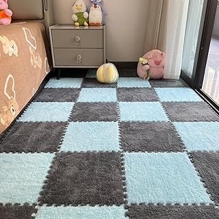 12Pcs Interlocking Carpet Tiles,12"x 12" Plush Interlocking Foam Carpet Tiles with Border,Fluffy Play Mat Floor Tiles Thick Padded Squares Foam Tiles for Playroom Decor (Light Blue+Grey)