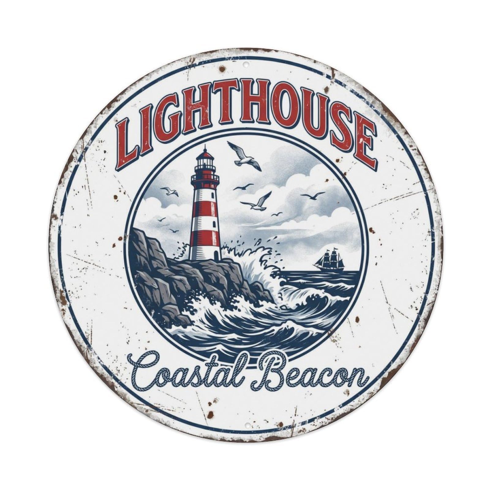 Vintage Travel Lighthouse Coastal Beacon Metal Tin Sign Plaque Wall Decor for Cafe, Club Bar, Office, Home Garden Round Metal Poster 8x8Inch