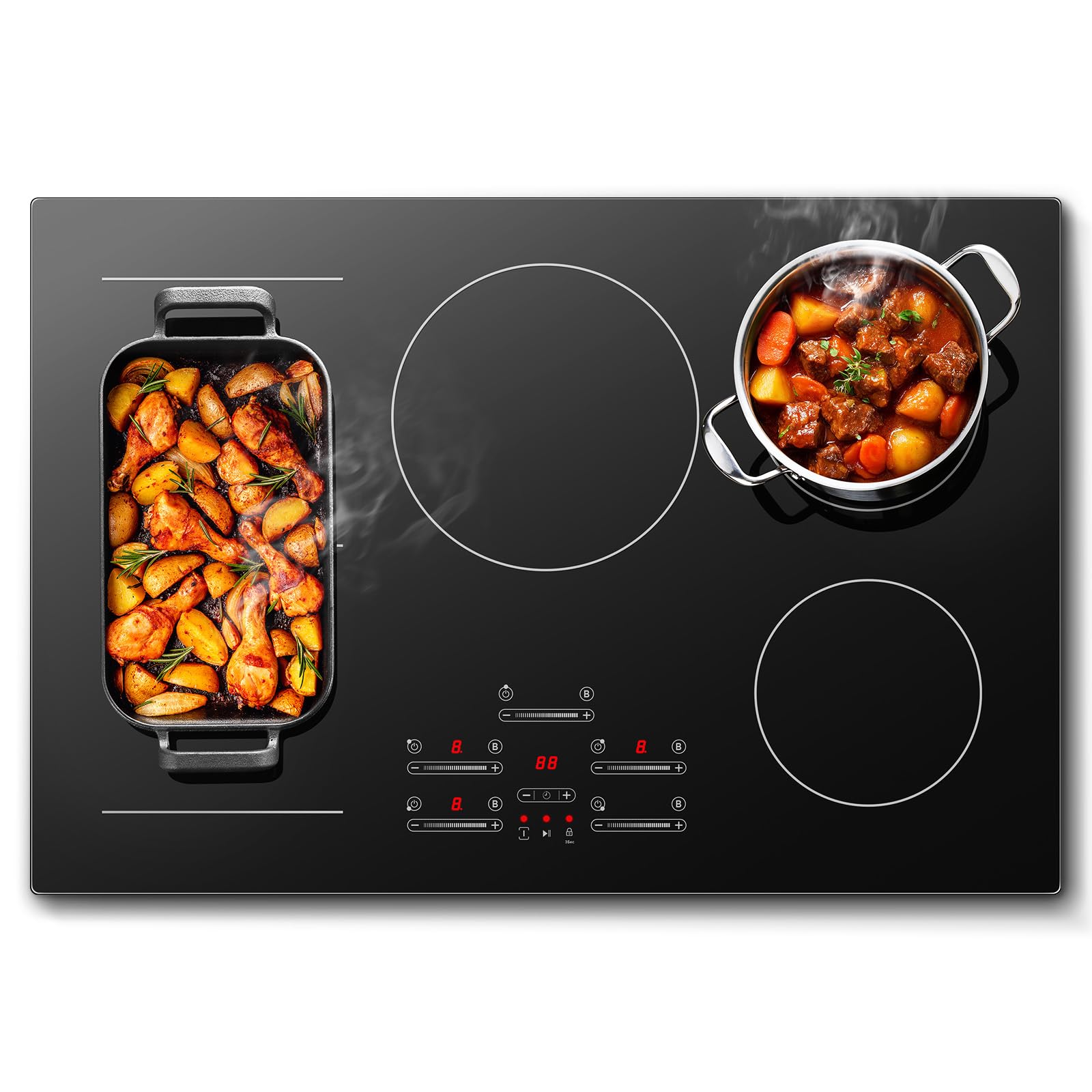 Induktionskochfeld 77 cm mit 5 Platten & 1 Flexzone, 9500 W, 9 Leistungsstufen mit Booster-Funktion, Touch-Slider-Bedienung, Timer 1-99 Min, Einbau-Kochfeld