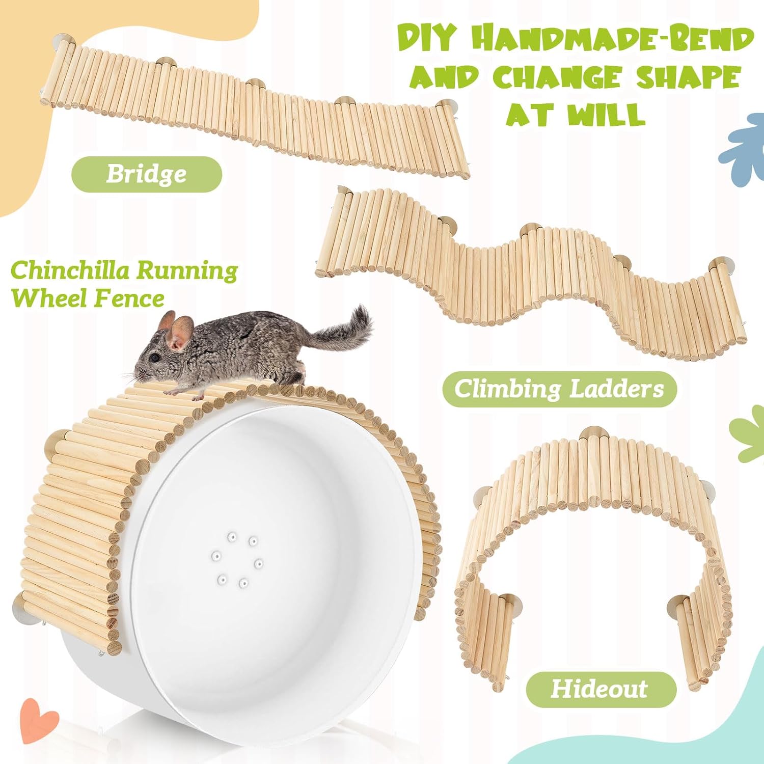 Geelin Chinchilla Running Wheel Fence, Chinchilla Natural Birch Wood Flexible Platform Toy, Climbing Toys for Guinea Pig Rabbit Hamsters Gerbils Rat and Other Small Animals Cage Accessories