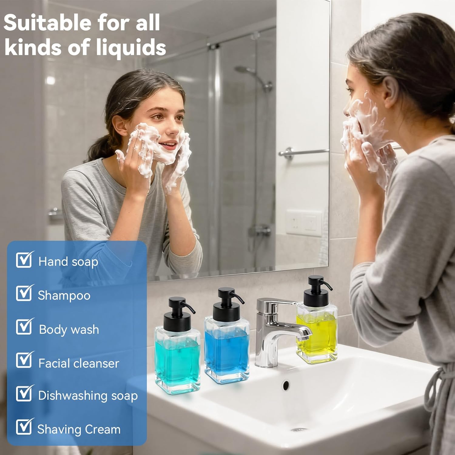 4 Pack Glass Foaming Soap Dispenser 10 OZ Glass Soap Dispenser for Bathroom & Kitchen with Labels for Liquid Soap,Shampoo,Body Wash,Dish Soap - Image 6