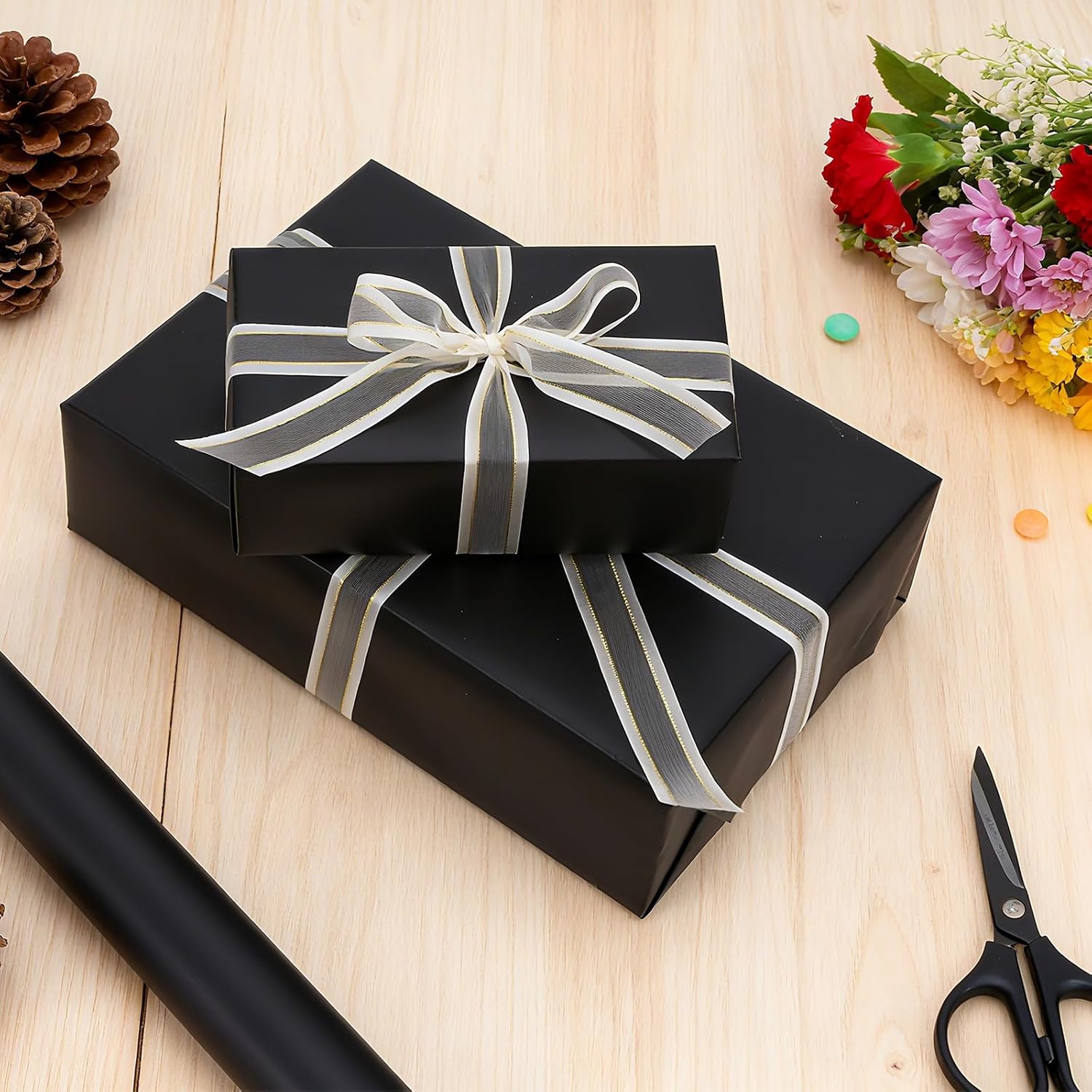 Black Wrapping Paper, 2 Roll 17inch x 33ft Matte Metallic Black Solid Color Gift Wrapping Paper Perfect for Graduation Gifts, Father's Day, Baby Shower, Birthday, Christmas, Wedding, DIY Invitations