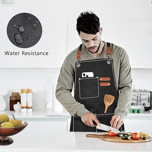 Miniatura 11 de Delantales de chef para hombres y mujeres con bolsillo grande, correa ajustable, impermeable, lona de algodón, espalda cruzada, delantal de trabajo