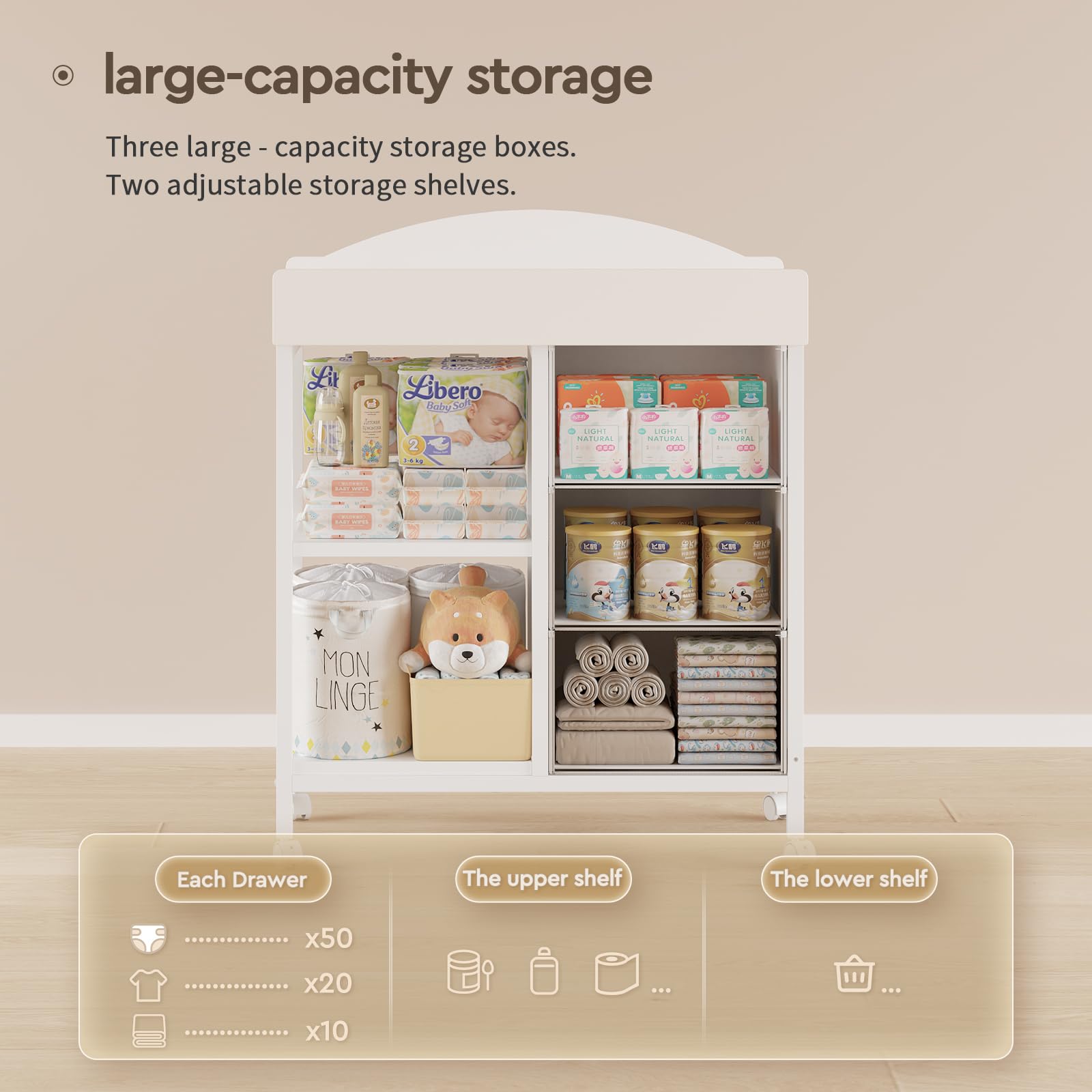 Changing Table Dresser, Baby Dresser with 3 Fabric Drawers and 2 Shelves, Multi-Functional Baby Changing Table with Pad, Classic Nursery Dresser, Diaper Changing Station for Nursery, White