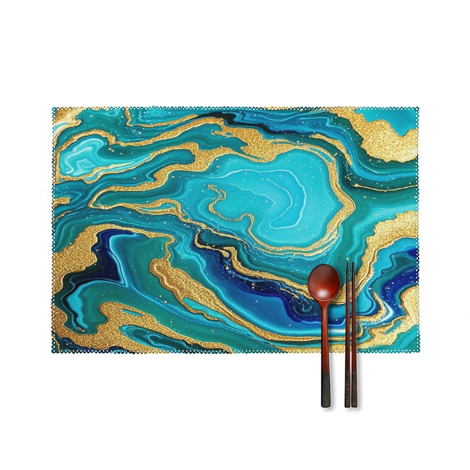 Turquoise Blue Gold Marble Placemats Set of 6 Heat Resistant Non-Slip Place Mats Washable Wipeable Table Mats Elegant Farmhouse Placemat for Kitchen Dining Outdoor Party Table Decor