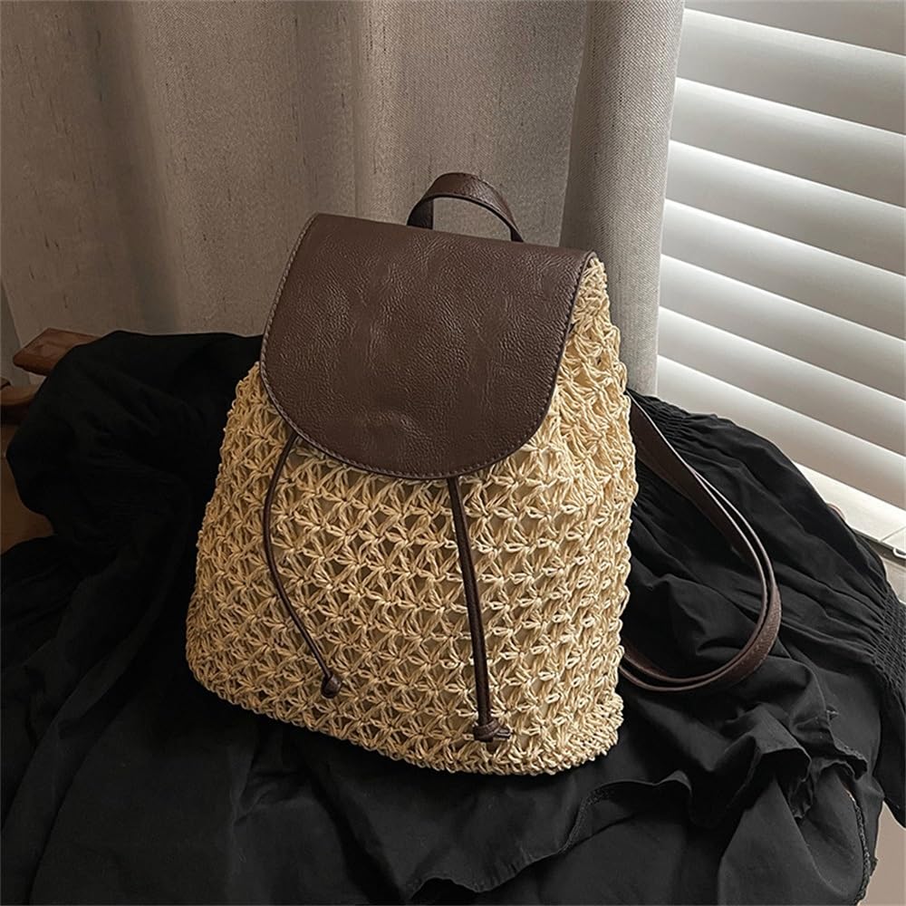 Strohrucksack für Damen Damen-Strohtaschen for Frühling und Sommer, Umhängetaschen(Beige)