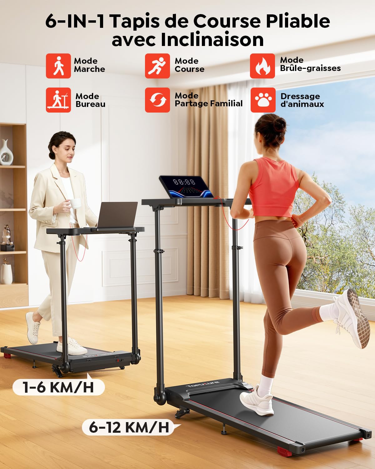 Tapis de Course 6 en 1, Pente 0%-5%-10%, Vitesse 12km/h, Hauteur de la Colonne Montante télescopique 80CM, Walking PadTapis de Marche, Tapis Roulant,2.5 HP, Compact et Portable，Adapté aux familles