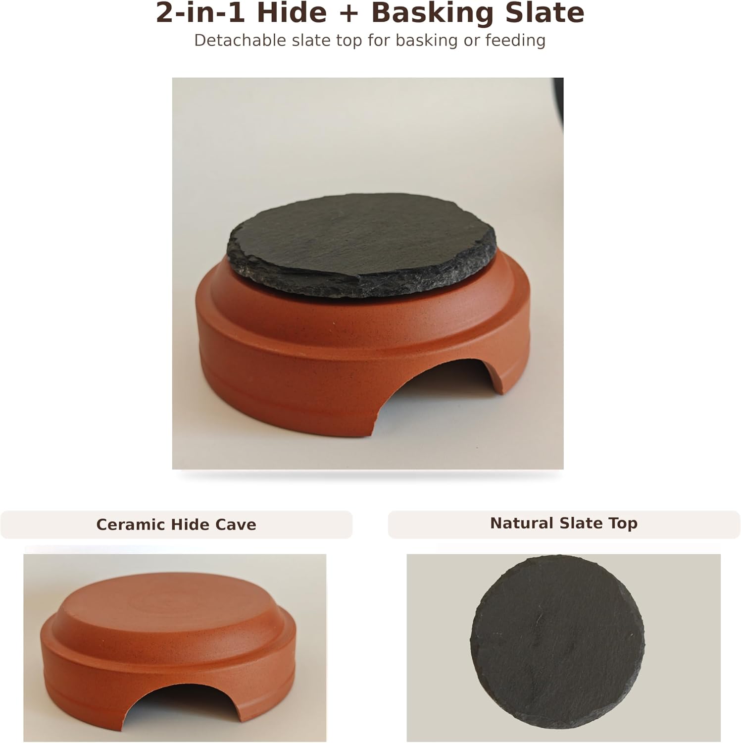 Ceramic Reptile Hide with Removable Slate Basking Platform, Humid Hide Cave for Leopard Gecko, Small Lizards, Snakes & Terrariums