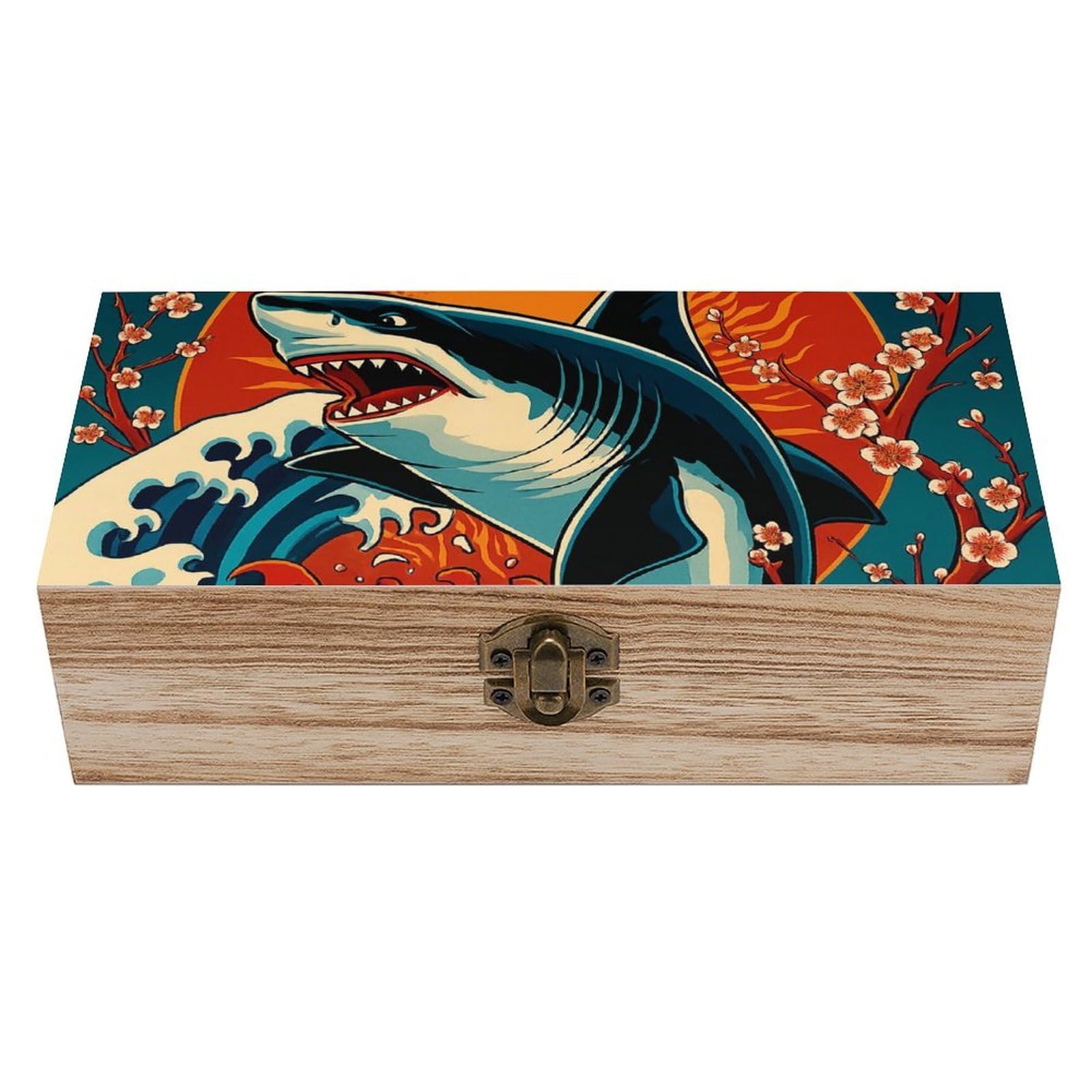 SMAZDFXX Shark & Cherry Blossoms Wooden Storage Box Multipurpose Decorative Box for Jewelry Photo Home Decor