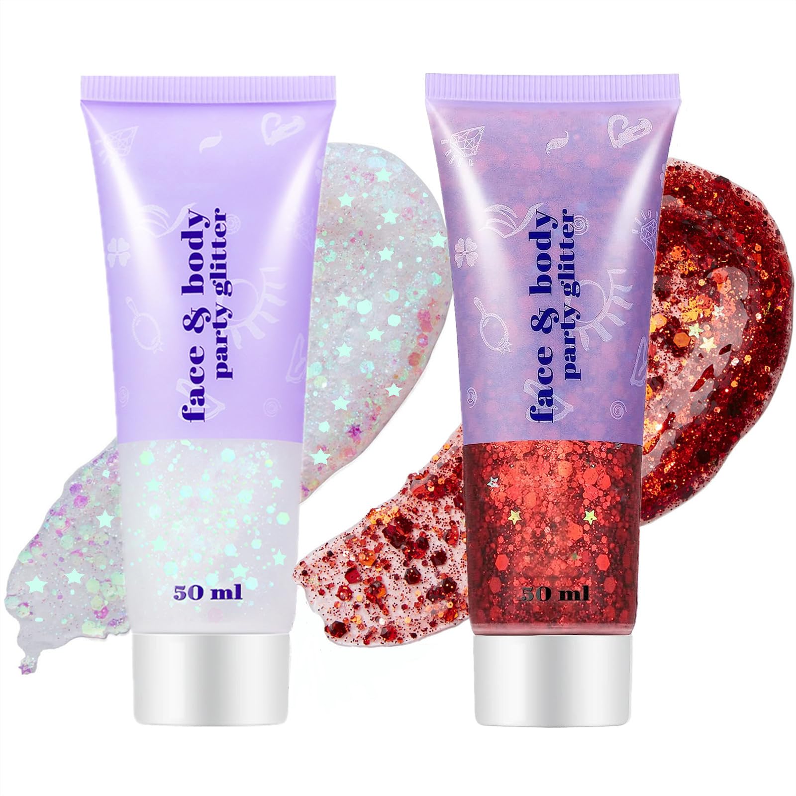 Go Ho Red and White Body Glitter Set,Singer Concerts Face Glitter Makeup | Self-adhesive,…