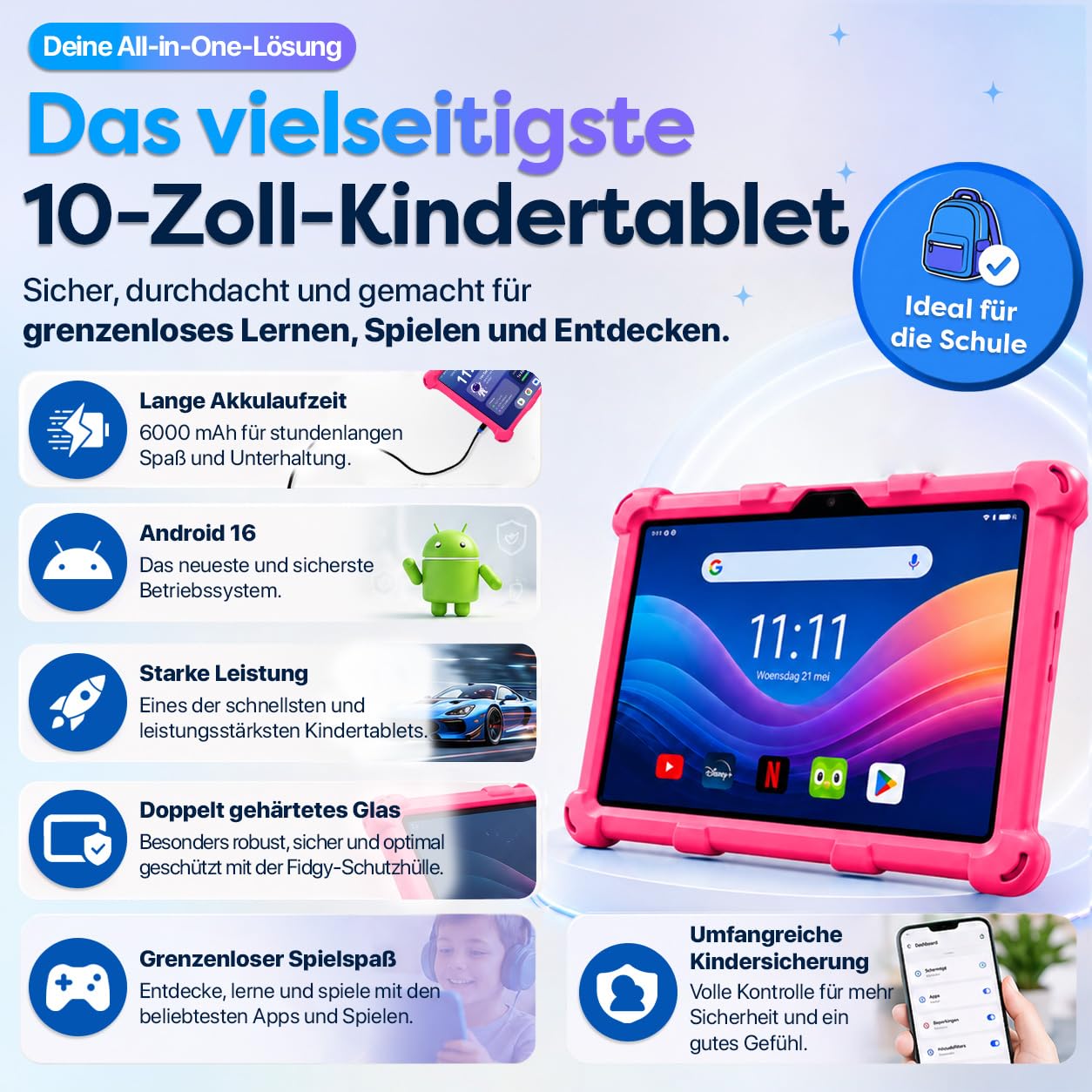 AngelTech Kindertablet XL Pro II – 10 Zoll HD 2025 – Android 16 Kinder Tablet mit Kindersicherung – 6GB RAM + 8GB virtuell, 128GB Speicher – Tablet für Kinder mit Schutzhülle – Rosa