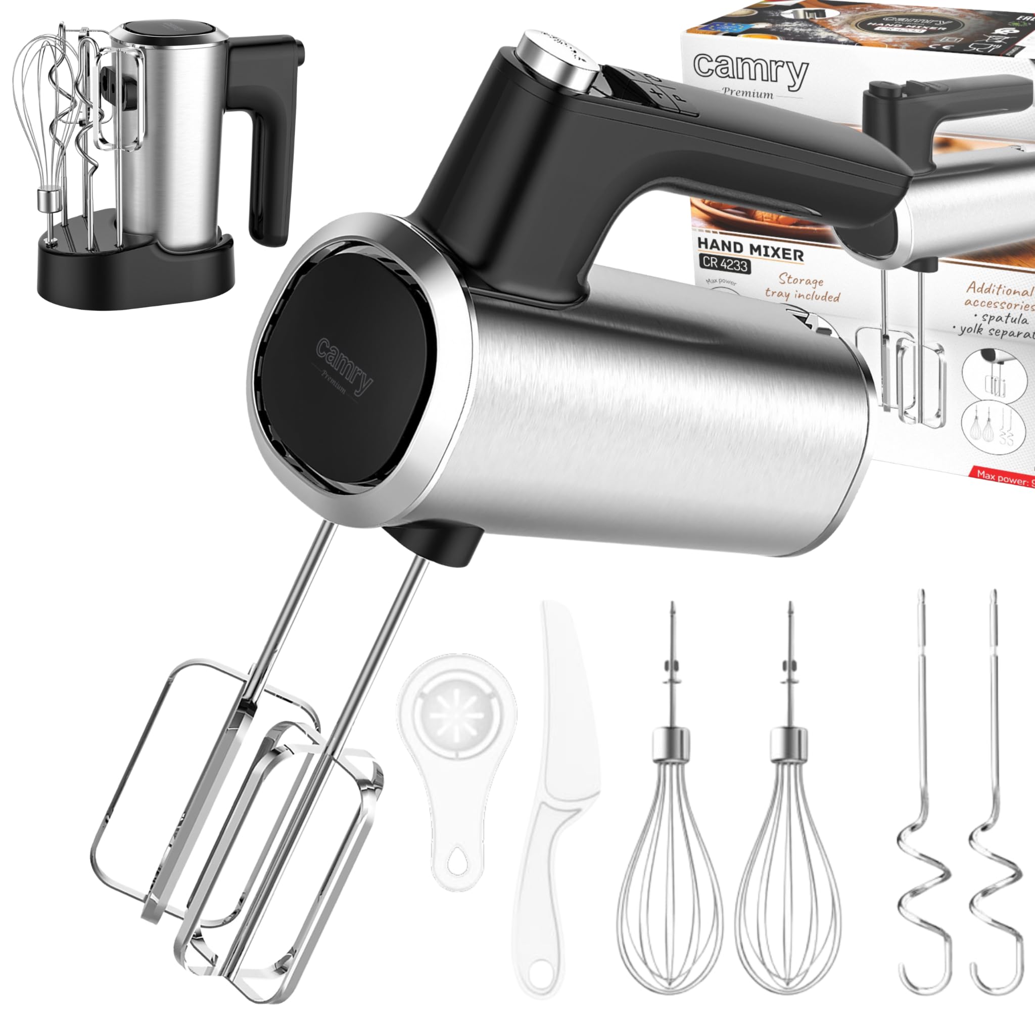CAMRY batteur electrique cuisine à main avec unité de rangement – 5 vitesses Turbo – 900W – 3 embouts en acier inoxydable crochets pétrisseurs, fouets fouet electrique – Puissant et polyvalent