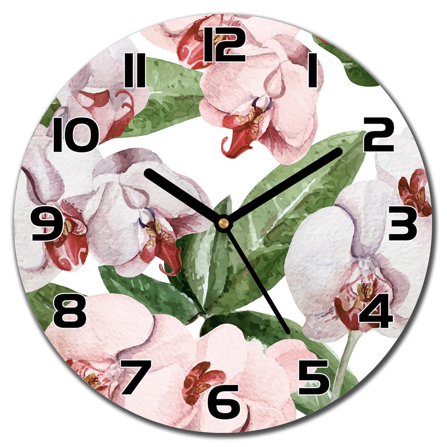 Horloge murale en verre de sécurité moderne 30 cm motif orchidée haut de gamme