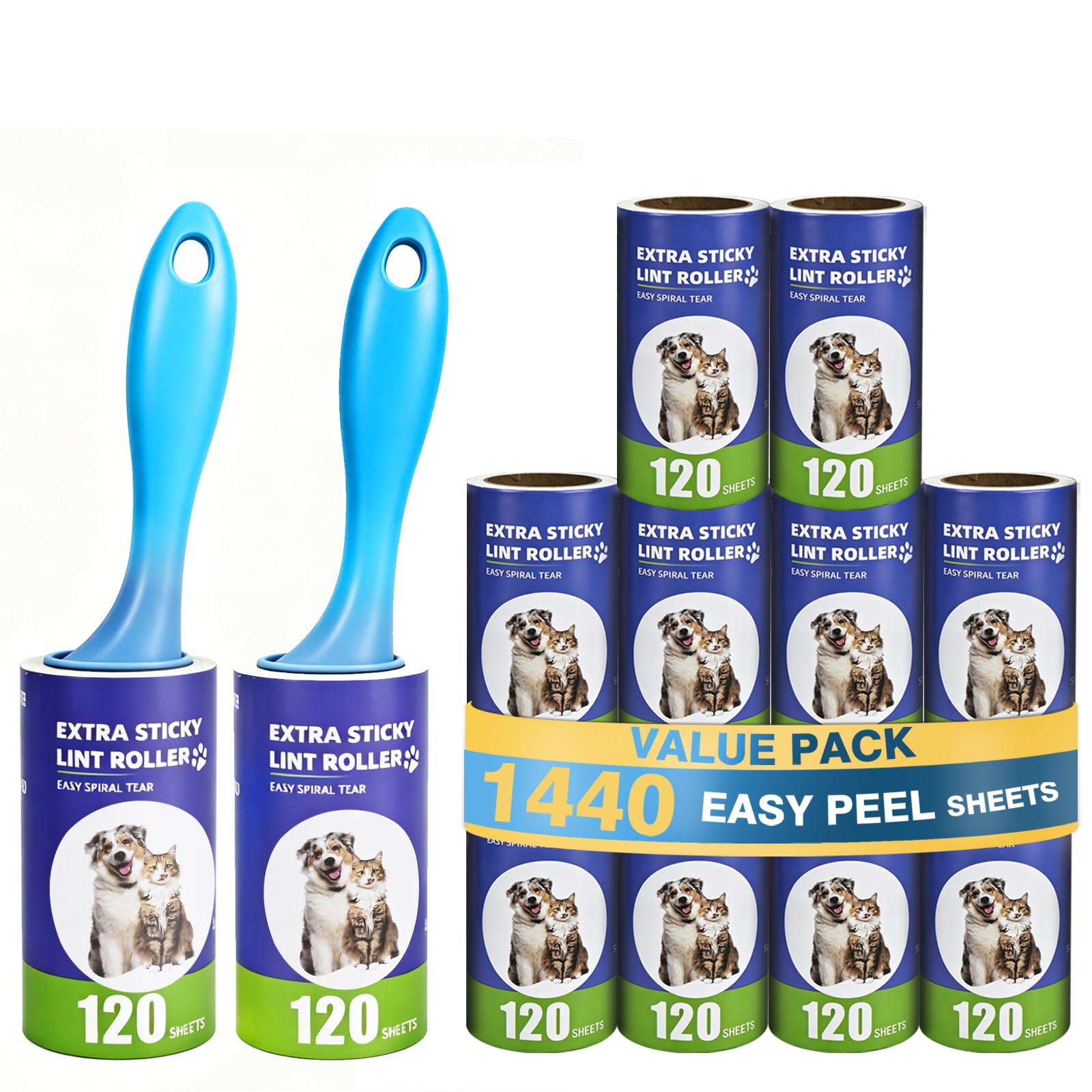 Brosse Anti Poils Animaux 1440 Feuilles très adhésives,12 Rouleaux avec 2 Poignées,Extra Collant Rouleau adhesif Vetement, Brosse Adhesive Poils Animaux