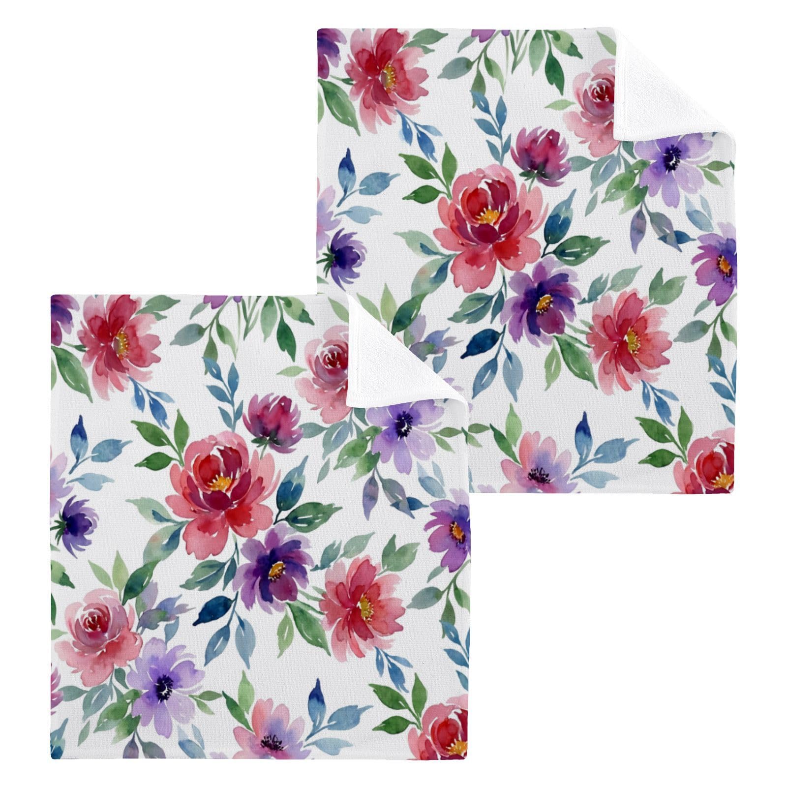 BOESI Vibrant Watercolor Floral 12x12in Cotton Washcloth,Face Towel