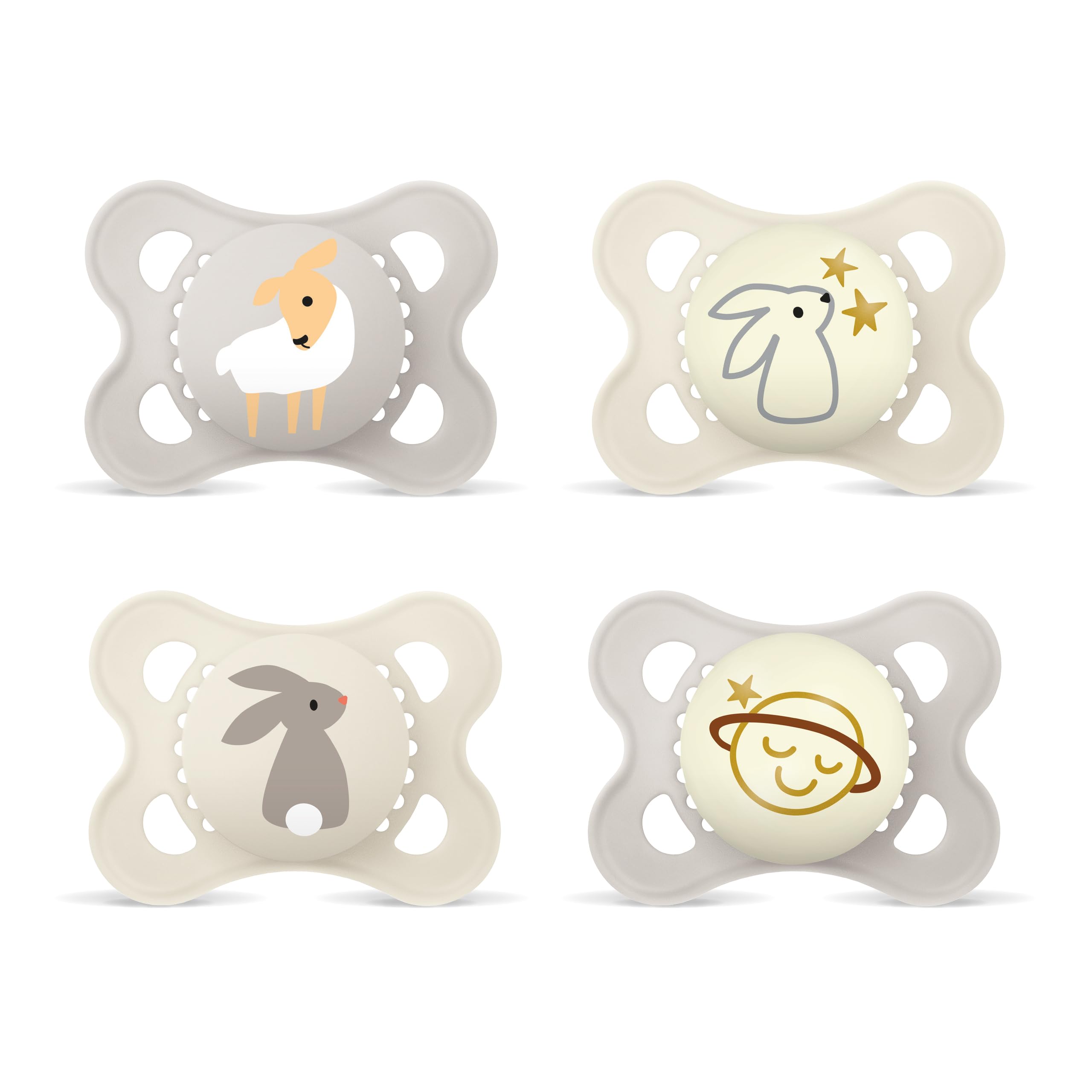MAM Original Day & Night Matt Schnuller | 0-6 Monate | Schnuller für Neugeborene | 94% Akzeptanz | Babyschnuller beugt Zahnfehlstellungen vor | SkinSoft Silikon | Schaf/Hase | 4 Stück