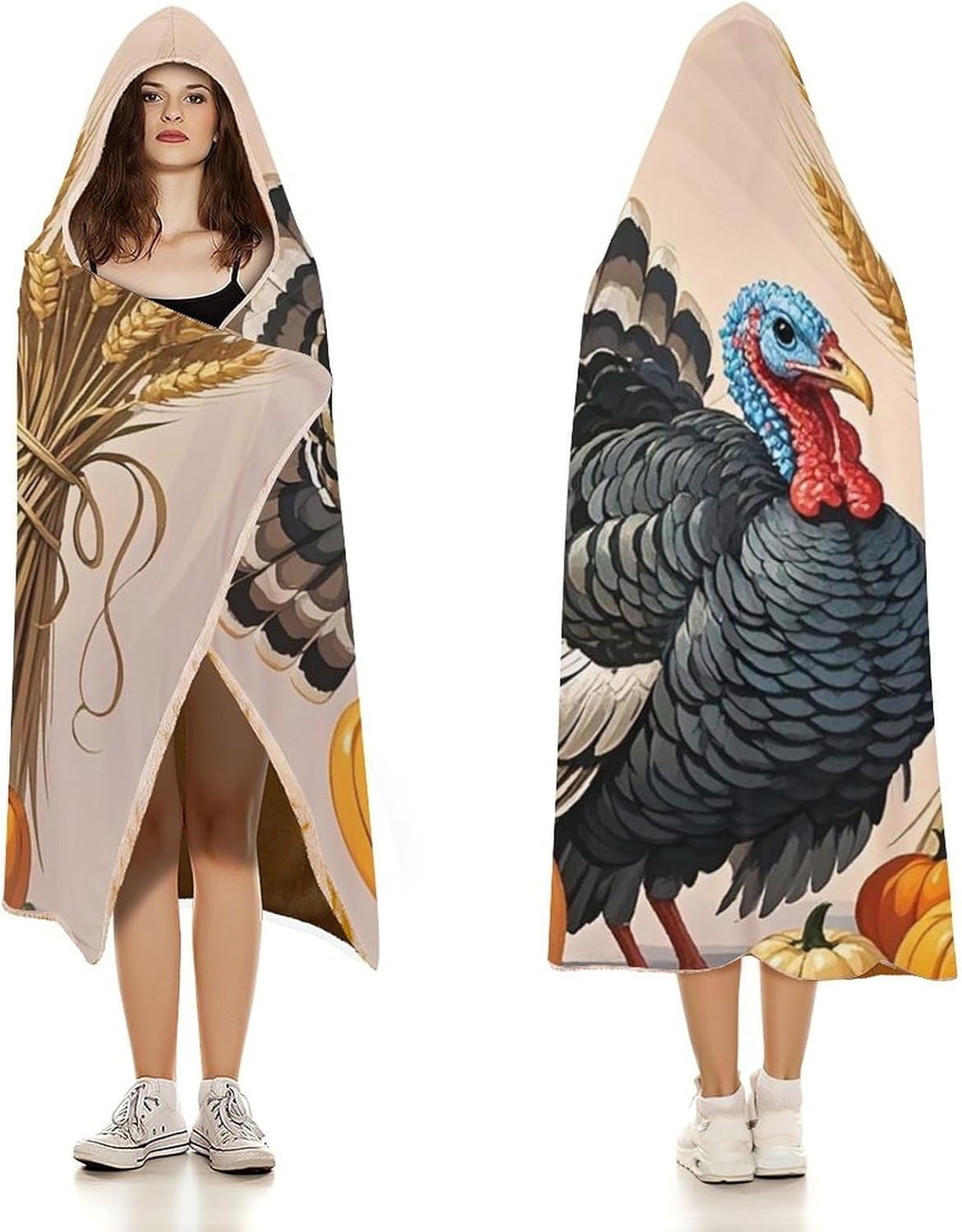 Wheat Turkey Wearable Hooded Blanket, Ultra Soft Arctic Velvet Cape Cloak Unisex - Cozy Wearable Blanket