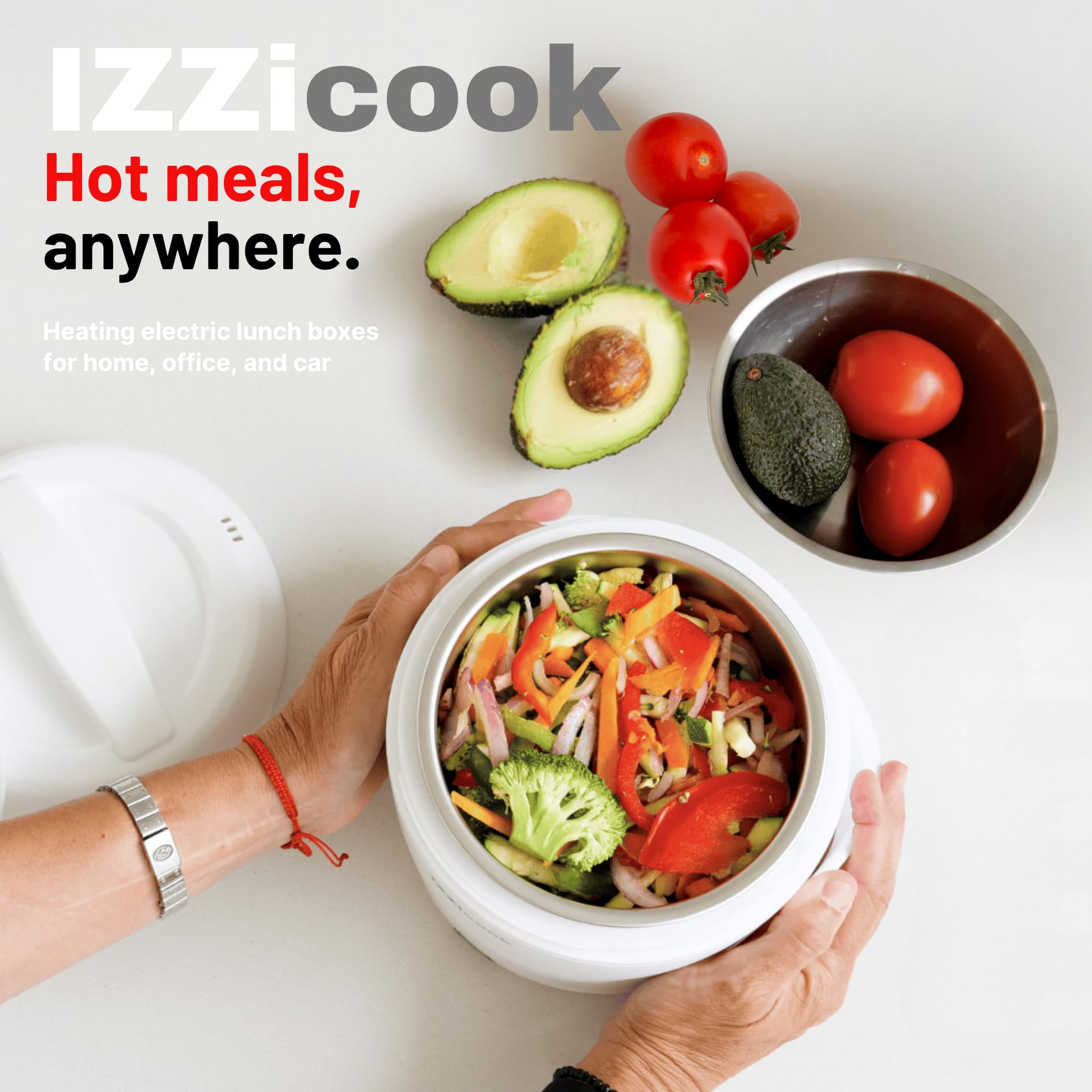 IZZi cook - Fiambrera calentadora para adultos, calentador eléctrico de 1.2 L y calentador de alimentos, solución de comida portátil para oficina, viajes y escuela con tapa a prueba de fugas y