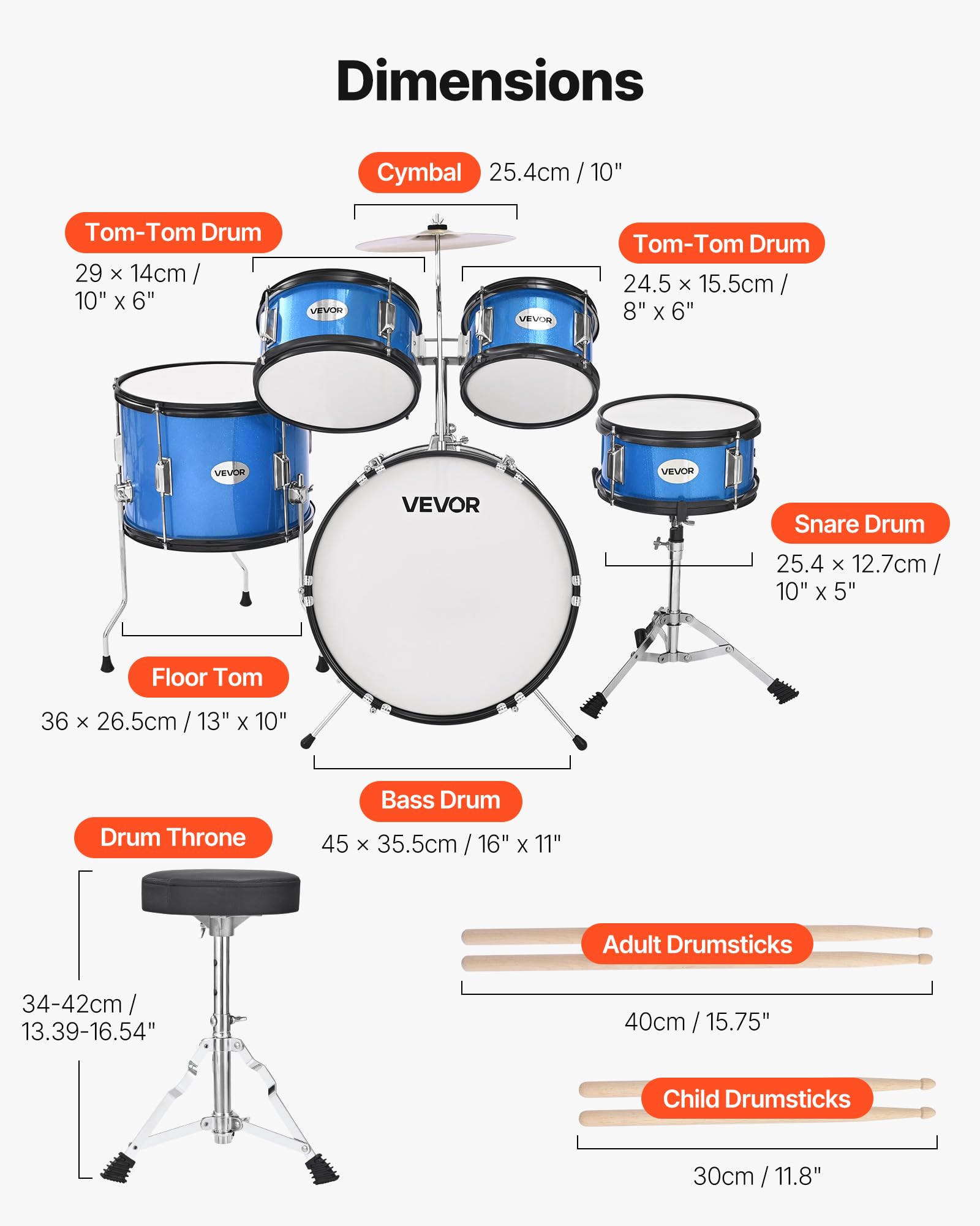 VEVOR Schlagzeug Set, 5-teilig, inkl. 40,6 cm Basstrommel, 25,4 cm Snare, 20,3 cm & 25,4 cm Tomtoms, 33 cm Standtom, Crash-Becken & 20,3 cm Hi-Hat, für Kinder von 6–13 Jahren, Blau