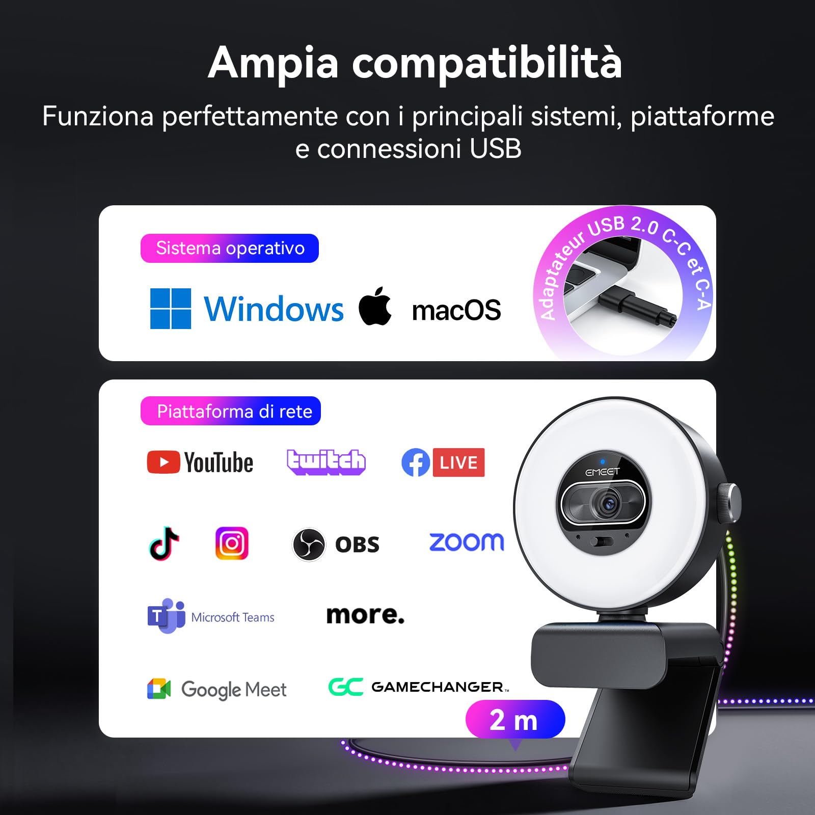 EMEET Webcam S600L 4K per Streaming con Luce ad Anello, 4 Modalità di Illuminazione, Effetto Arcobaleno, Sensore da 1/2", Imaging AI, PDAF 0,2S, 2 Microfoni, Webcam 4K con Luce per OBS/Twitch/PC/Mac