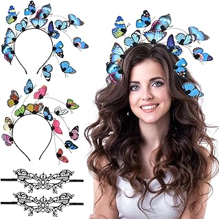 EMAGEREN Diadema de Mariposas, 2 Piezas Diadema Mujer con Mariposas Diadema de Mariposas Coloridos con 2 pcs Máscara de Encaje para Carnaval/Pascua/Fiesta/Baile/Navidad