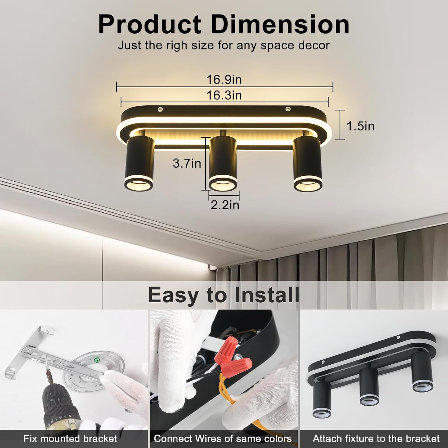 LED 3 Light Track Lighting Spotlight Kit, Black Ceiling Spotlights, Modern Track Light Fixture with Flexibly Rotatable Light Heads, 35W+15W Dual Lighting for Kitchen Living Room,Includes 3 x GU10 Bulb