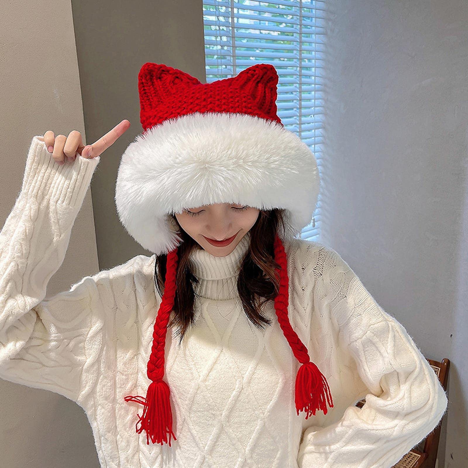 Cappello Donna Donne Inverno Caldo E Carente Cazzo di Gatto da Gatto Lady Kawaii Berretto A Crochet Berretto Cappello con Treccia per Donne