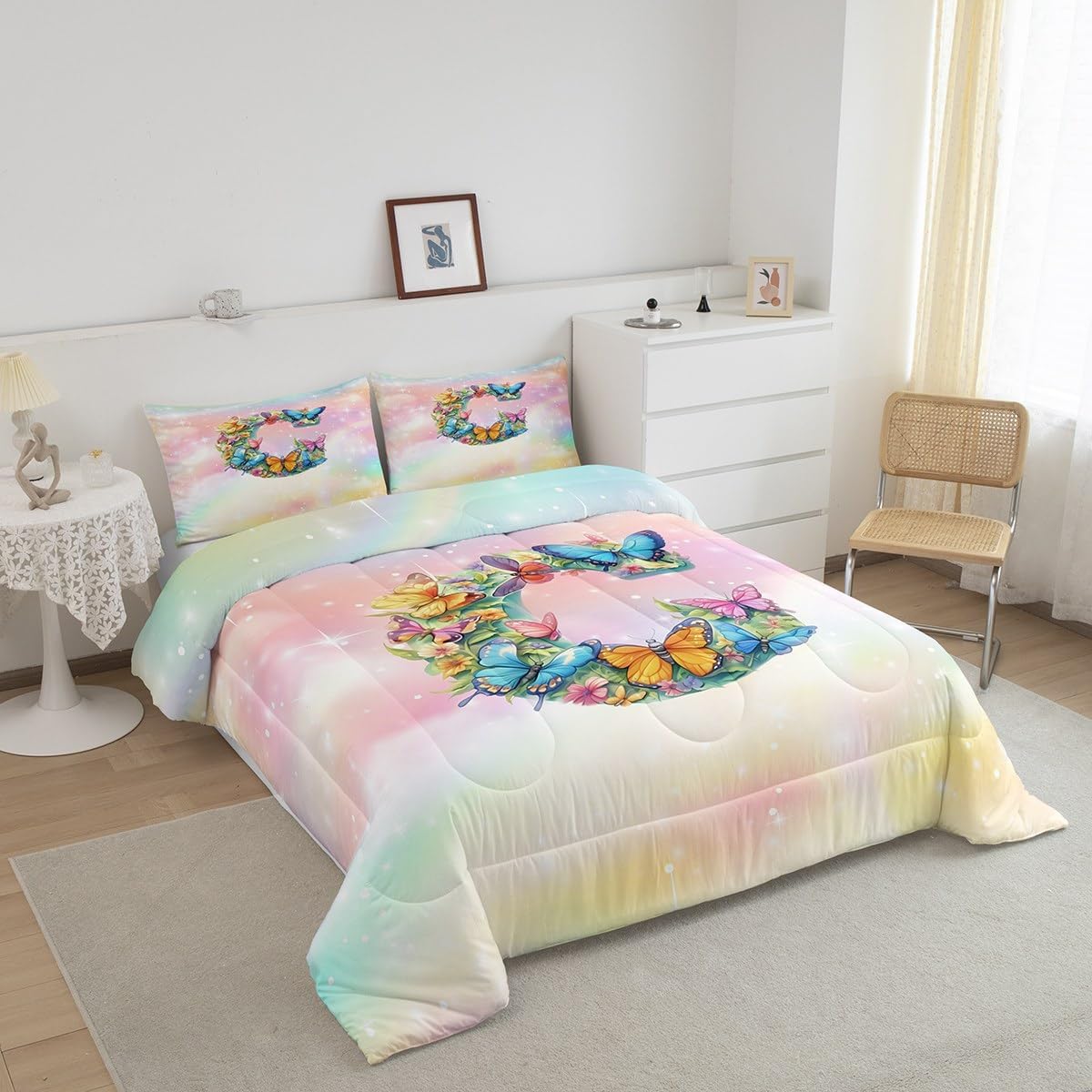 Butterfly Comforter Set Toddler For Kids Girls Galaxy Stars Gradient Glitter Bedding Set, Rainbow Initial Letter C Quilt For Teens Women Bedroom Kawaii Princess Pastel Bedding With 1 Pillow Case
