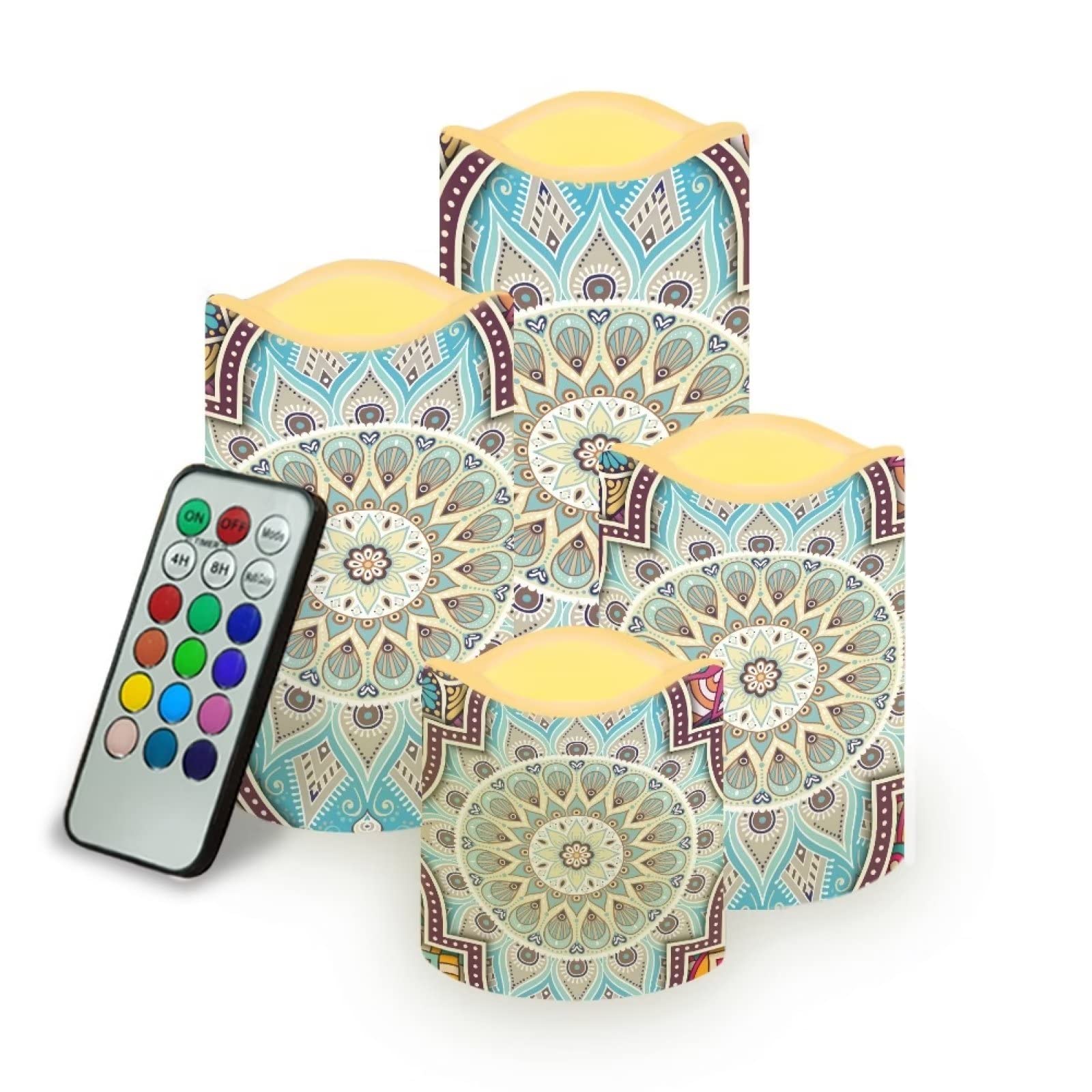 Suhoaziia Colorful Mandala LED Candles Flickering Flameless Color Changing Candles with Remote Control Timer for Home Party Wedding