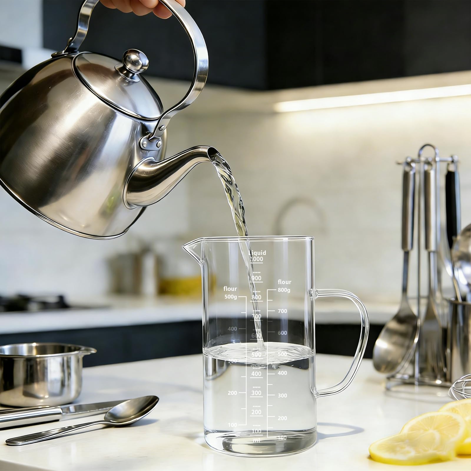 Jarra Medidora de Vidrio, 1000ml, Diámetro 9.5cm x H 17.5cm, Con Asa Incluida, Vaso Batidora Cristal, Vaso de Vidrio Resistente al Calor, Apto para Lavavajillas, para Cocina, Laboratorio