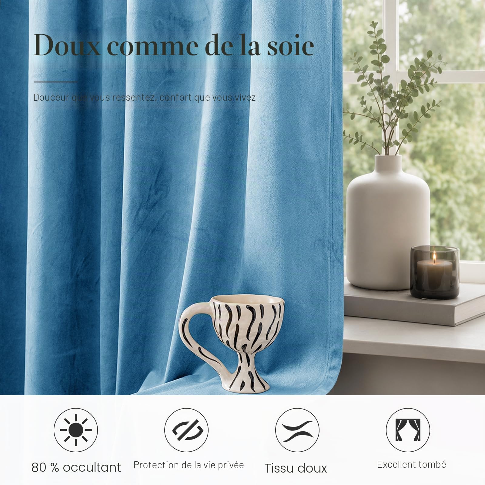 Ystyle Rideau Occultant Velours Lot De 2, 140x145cm, Bleu | Rideaux Salon Rideau Thermique Isolant Anti Chaud Intérieurs, Rideau Phonique Anti Bruit, Moderne Chambre Maison Dressing