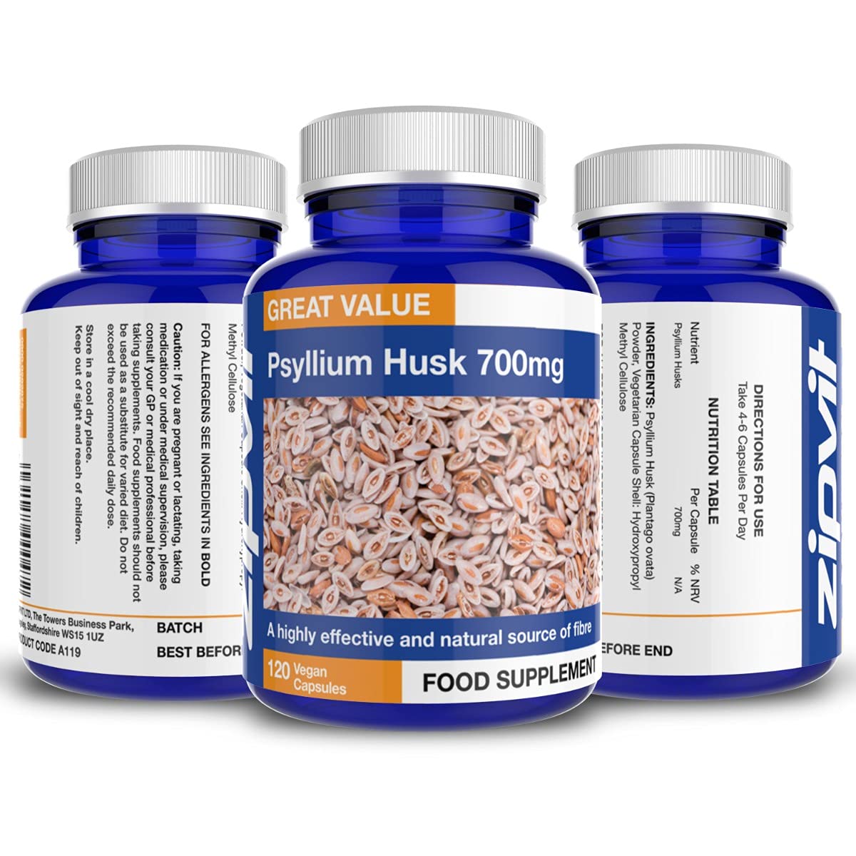 Psyllium Husk Capsules. 700mg Psyllium Husk Powder Per Capsule, 120