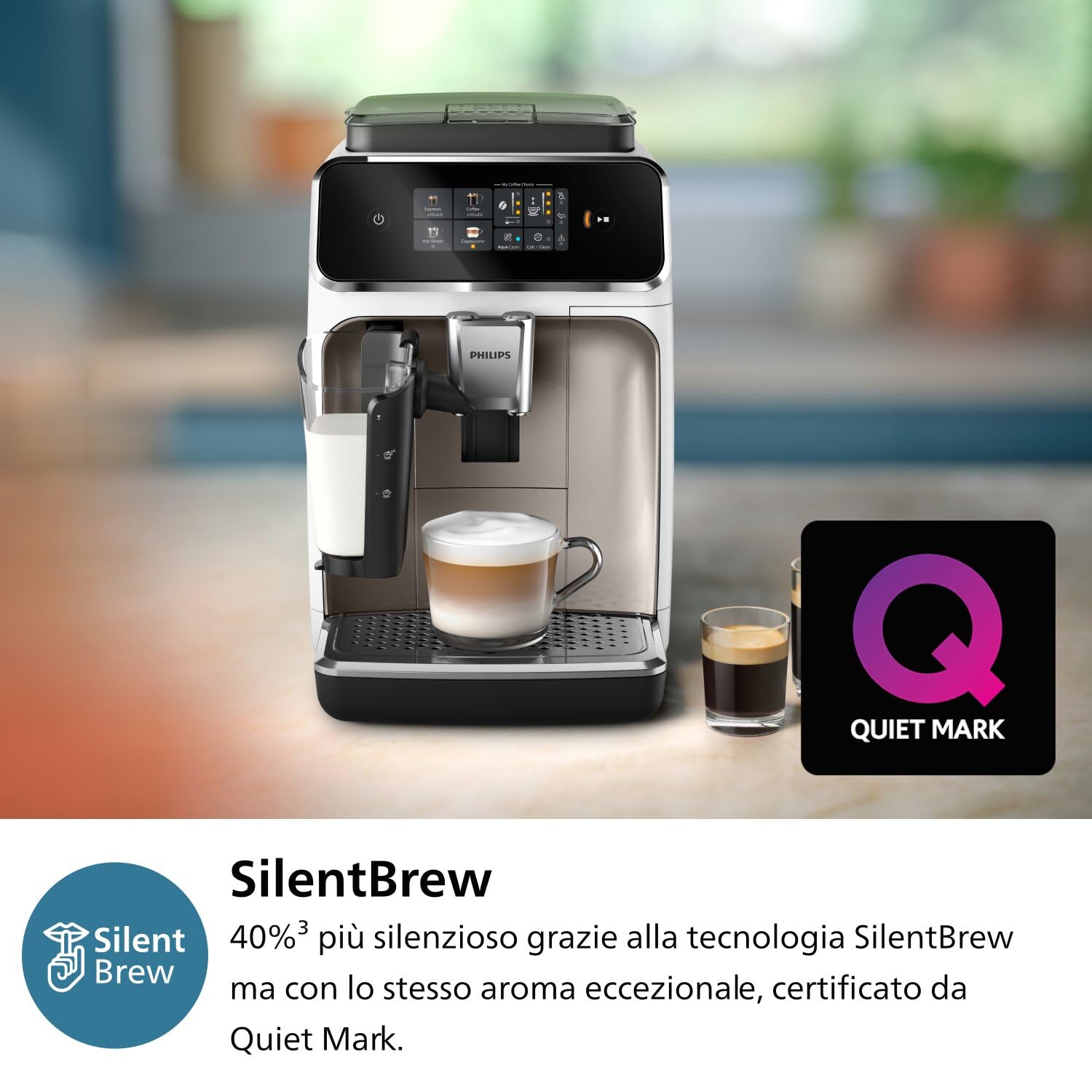 PHILIPS Macchina da caffè espresso automatica Serie 2300-4 bevande, Display touch screen a colori, Sistema LatteGo, SilentBrew, Macinacaffè in ceramica, Filtro AquaClean. Bianco cromo (EP2333/40)