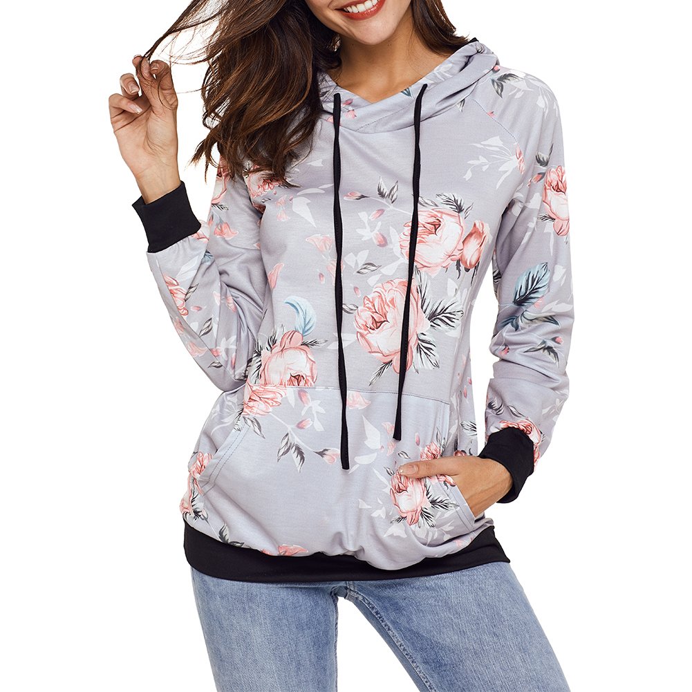 BOHISE Women's Casual Floral Print Hoodie Long Sleeve Sweatshirt Pullover Blouse Tops ,Small ,French Grey