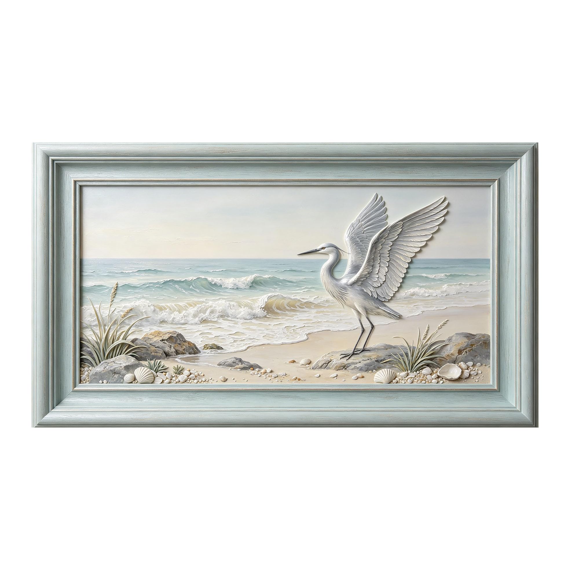 Murasolite 3D Framed Wall Art Coastal Seaside Heron Relief Painting SelfAdhesive Fabric Mural Wall Decor， Peel and Stick No Damage to Wall， AntiFall Safe Design for Bedroom Living Room