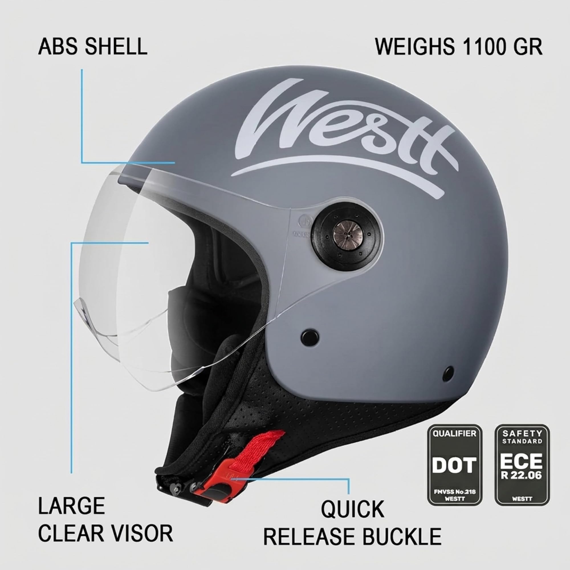 Kask WESTT Classic Jet I kask motocyklowy I z wizjerem I damski i męski I z certyfikatem ECE I S-XL