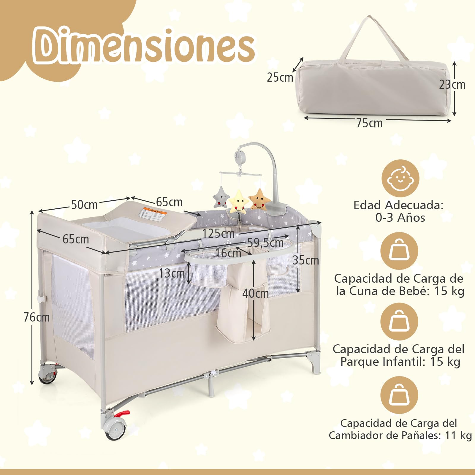 RELAX4LIFE 5 en 1 Cuna Infantil Bebe con 2 Ruedas Bloqueables, Cambiador, Correa Fijación, Caja de Música y 3 Juguetes Colgantes, Cuna con Colchón y Bolsa de Transporte para Bebés 0-36 Meses (Beige)