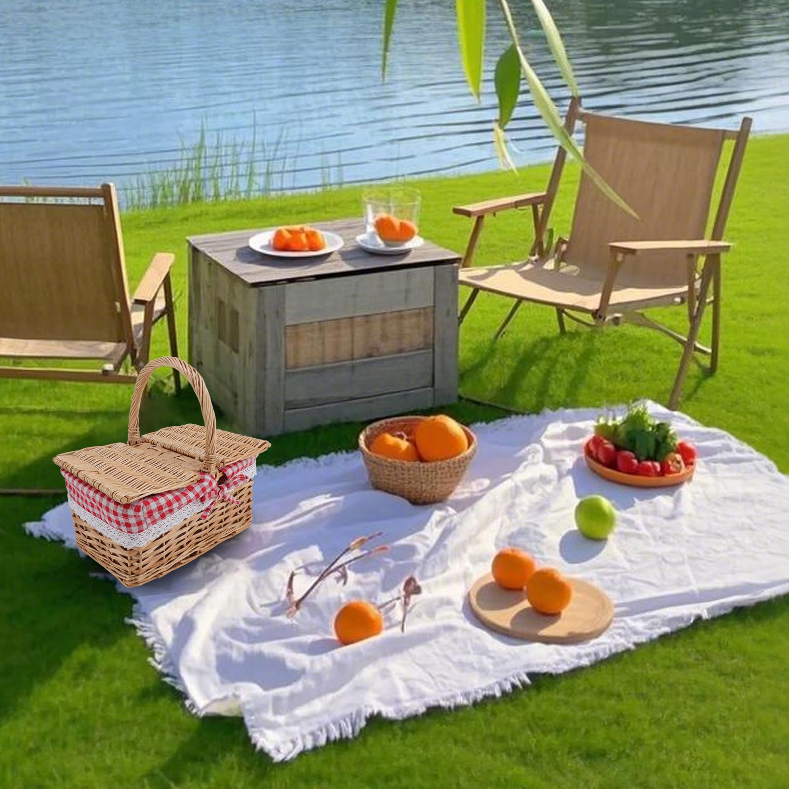 Canasta de Picnic de Mimbre con de Tapa, Cesta de Cosecha de Jardín de Ratán Tejida con Tapa, Revestimiento de Algodón, para Hacer Picnic, Acampar, Día de la Madre, Acción de (Cuadrado)